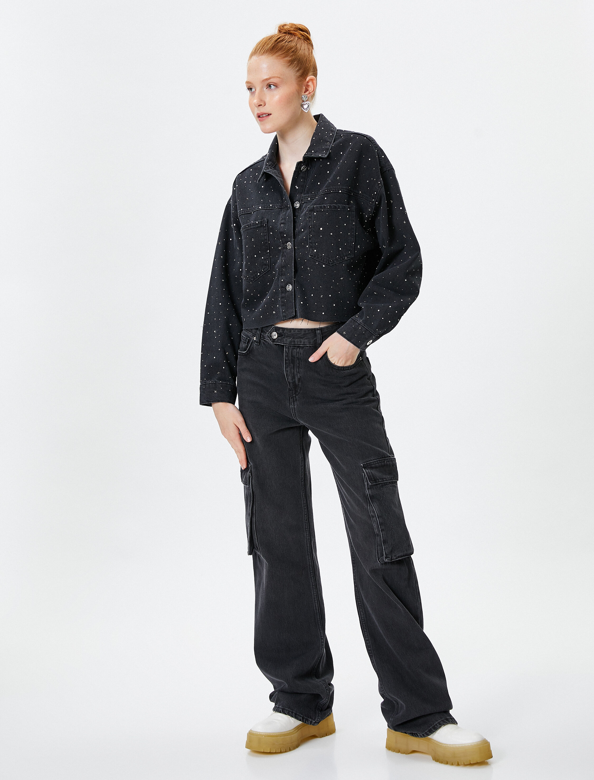   Taşlı Kot Ceket Rahat Kalıp Gömlek Yaka Cepli Pamuklu