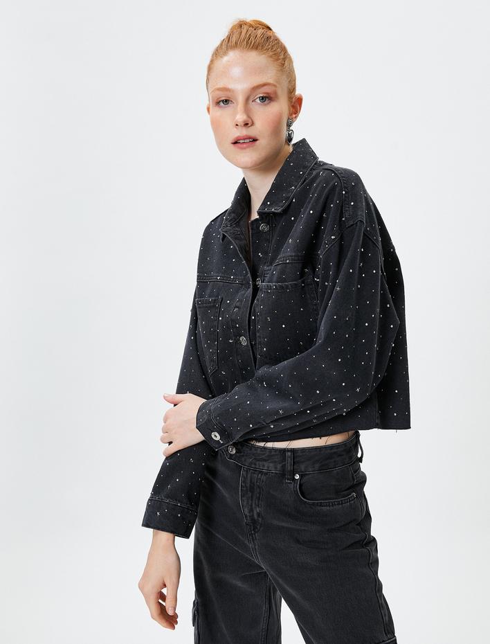  Taşlı Kot Ceket Rahat Kalıp Gömlek Yaka Cepli Pamuklu