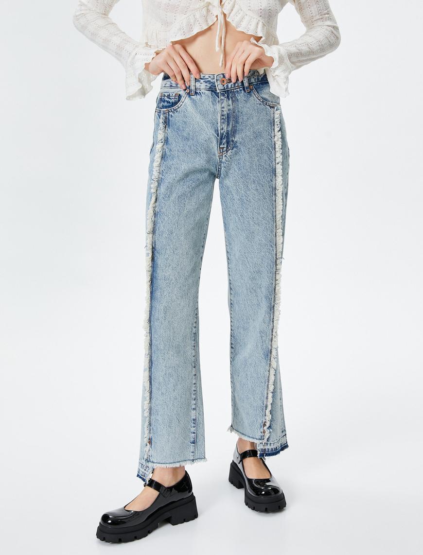   Püskül Detaylı Straight Jean Kot Pantolon Düz Asimetrik Paça - Eve Jean