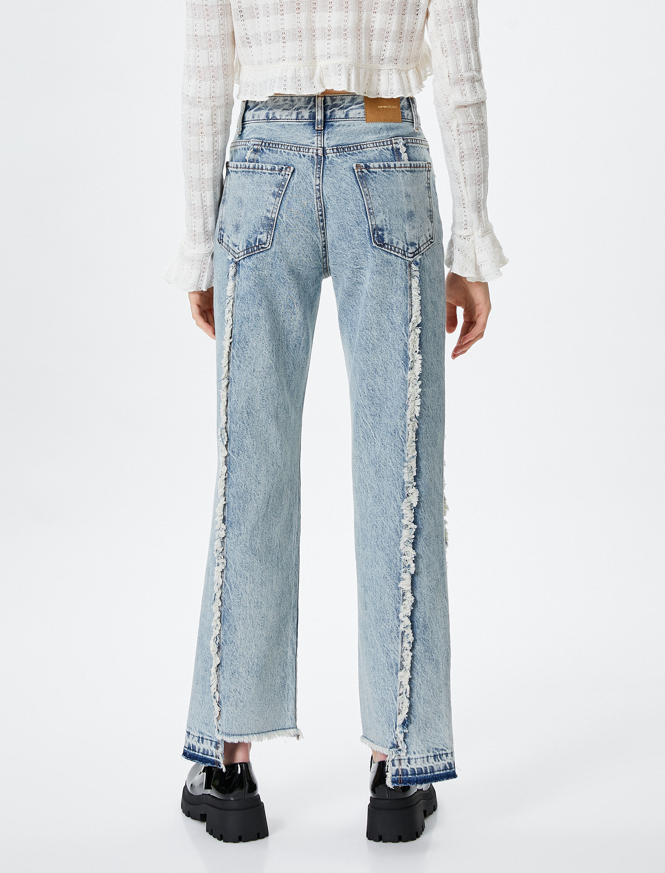   Püskül Detaylı Straight Jean Kot Pantolon Düz Asimetrik Paça - Eve Jean