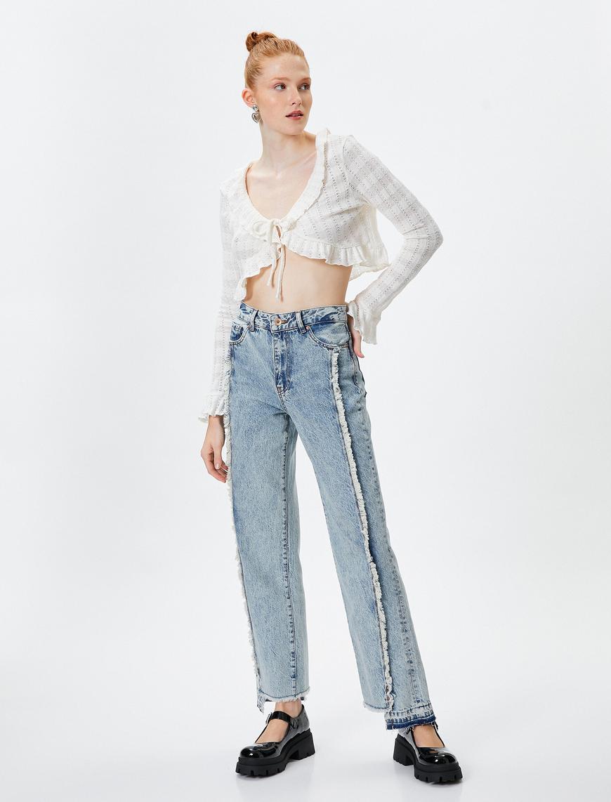   Püskül Detaylı Straight Jean Kot Pantolon Düz Asimetrik Paça - Eve Jean