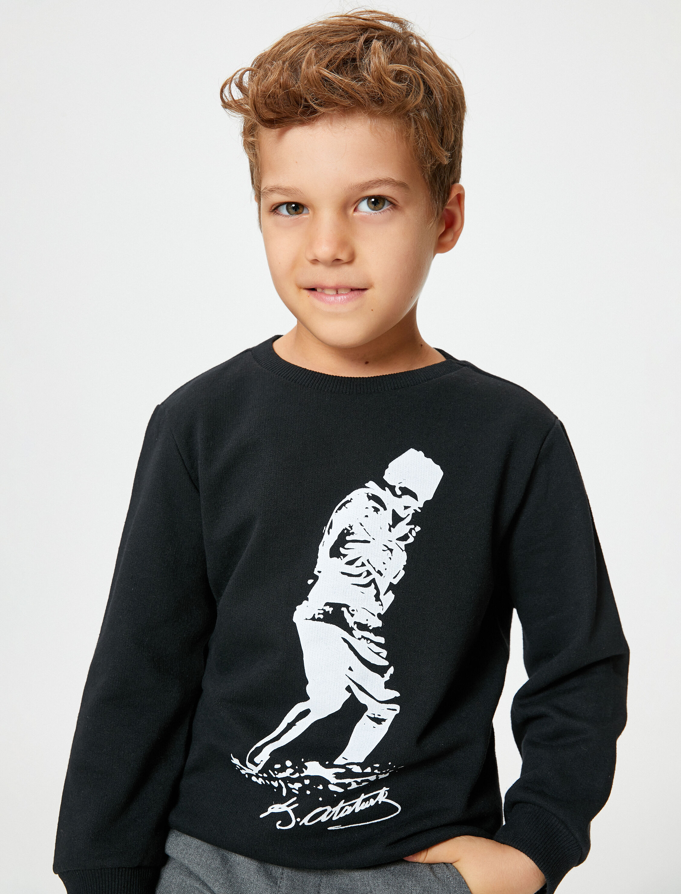Erkek Çocuk Atatürk Baskılı Sweatshirt Şardonlu Bisiklet Yaka
