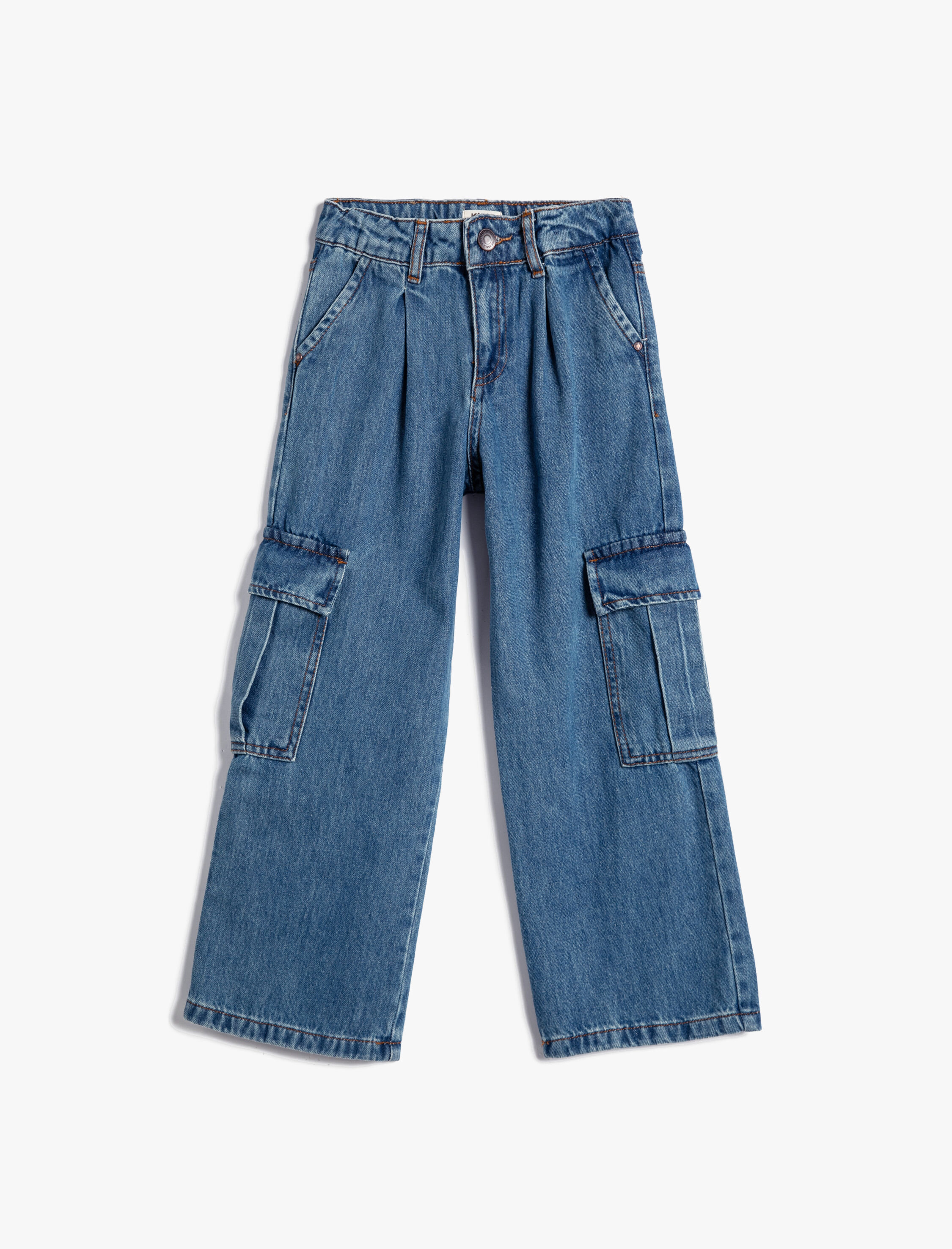  Kız Çocuk Kargo Kot Pantolon Bol Paça Pamuklu Beli Lastikli Cepli - Cargo Jean