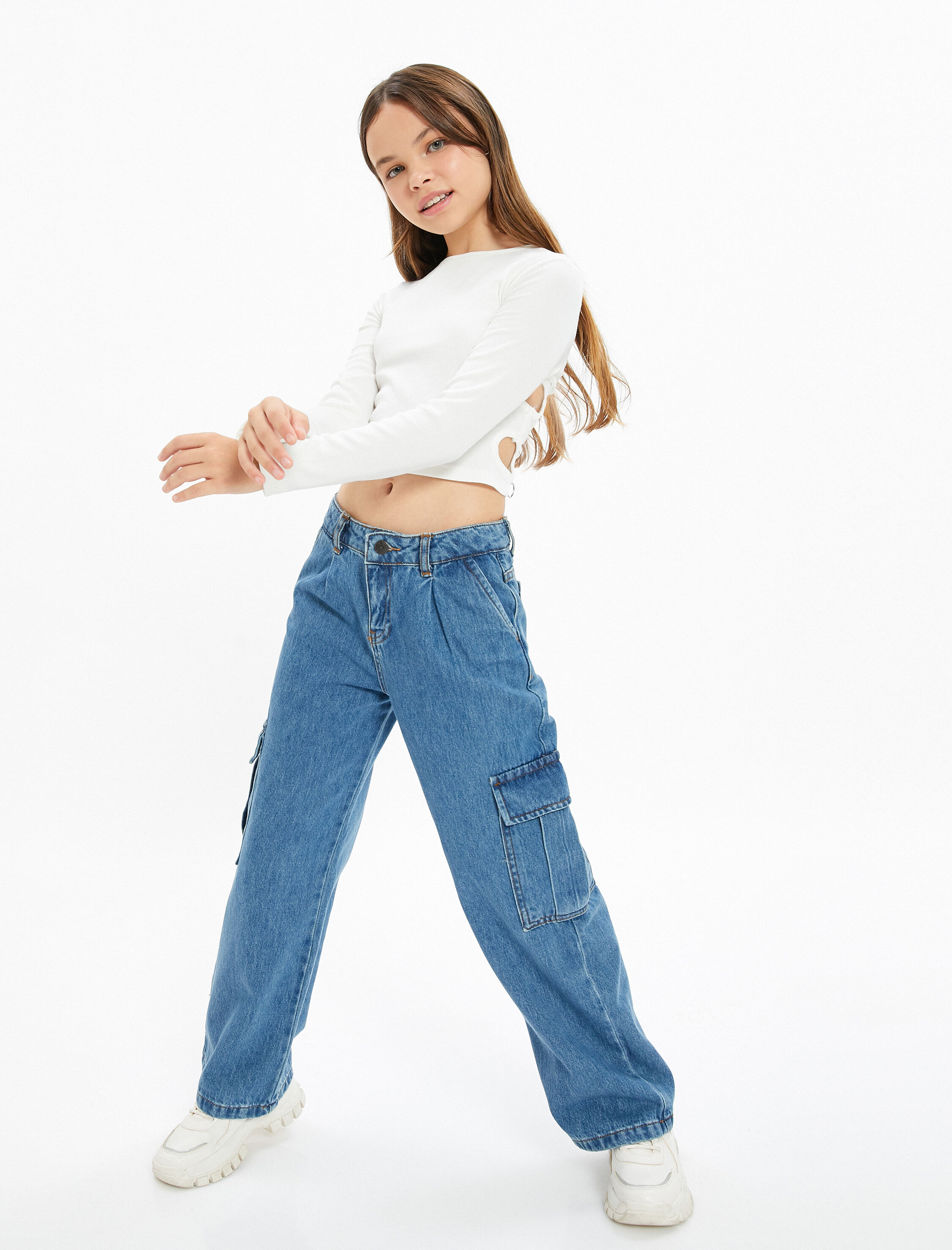  Kız Çocuk Kargo Kot Pantolon Bol Paça Pamuklu Beli Lastikli Cepli - Cargo Jean