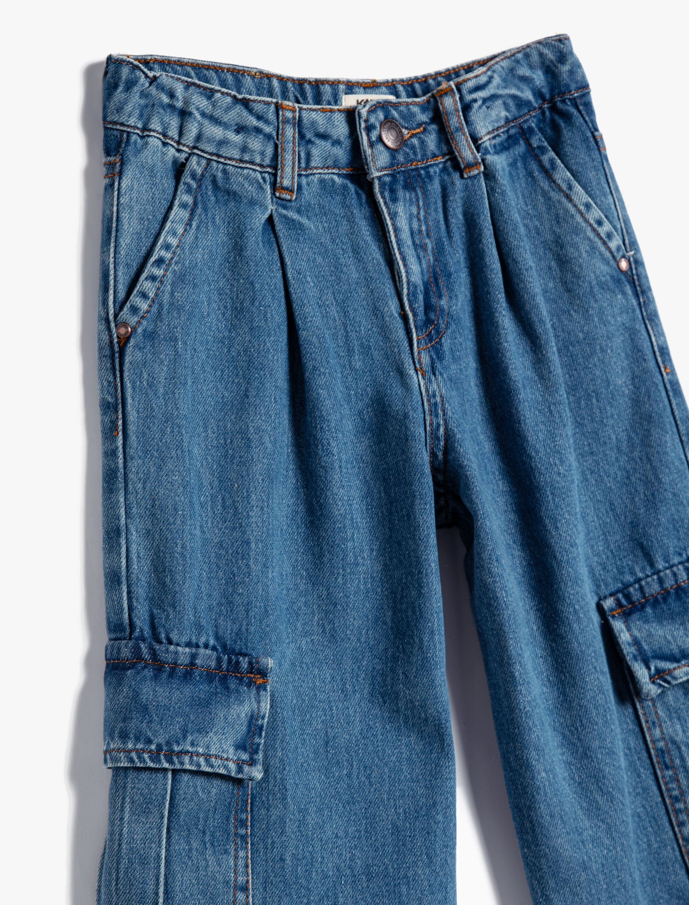  Kız Çocuk Kargo Kot Pantolon Bol Paça Pamuklu Beli Lastikli Cepli - Cargo Jean