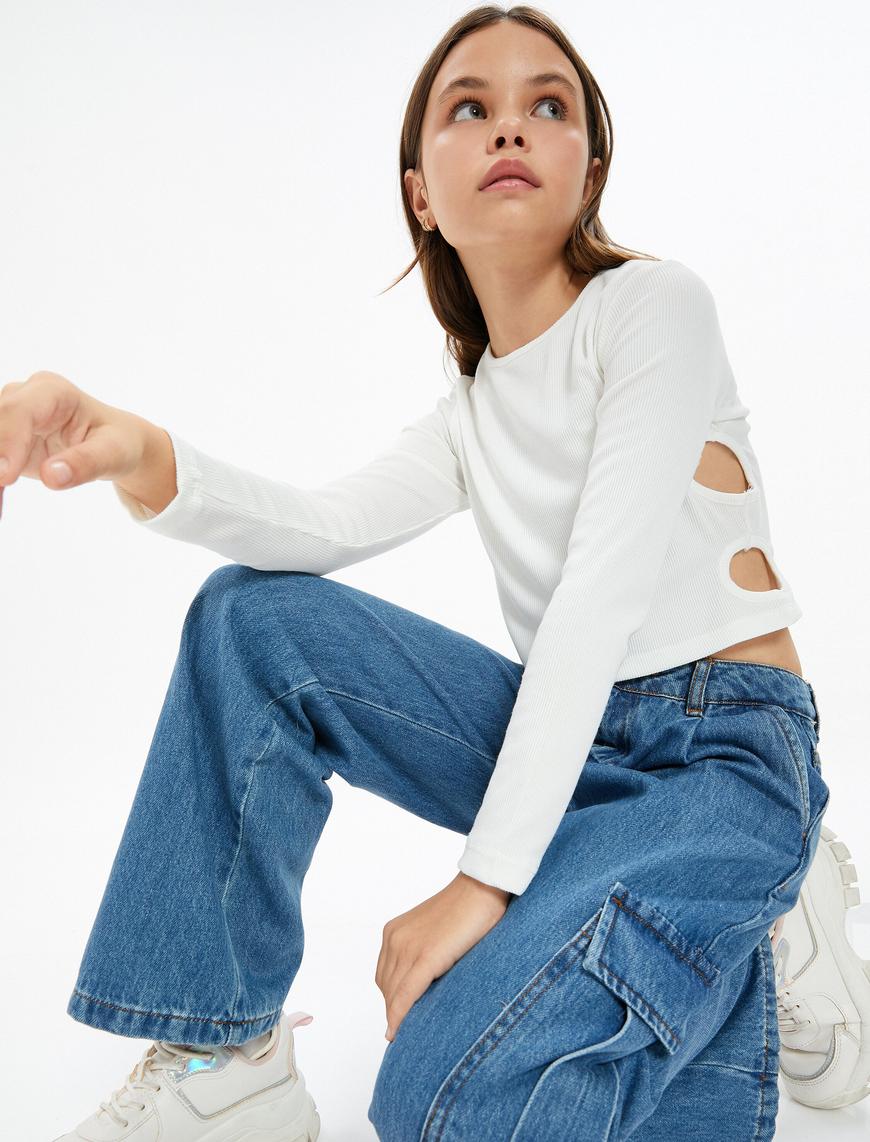 Kız Çocuk Kargo Kot Pantolon Bol Paça Pamuklu Beli Lastikli Cepli - Cargo Jean