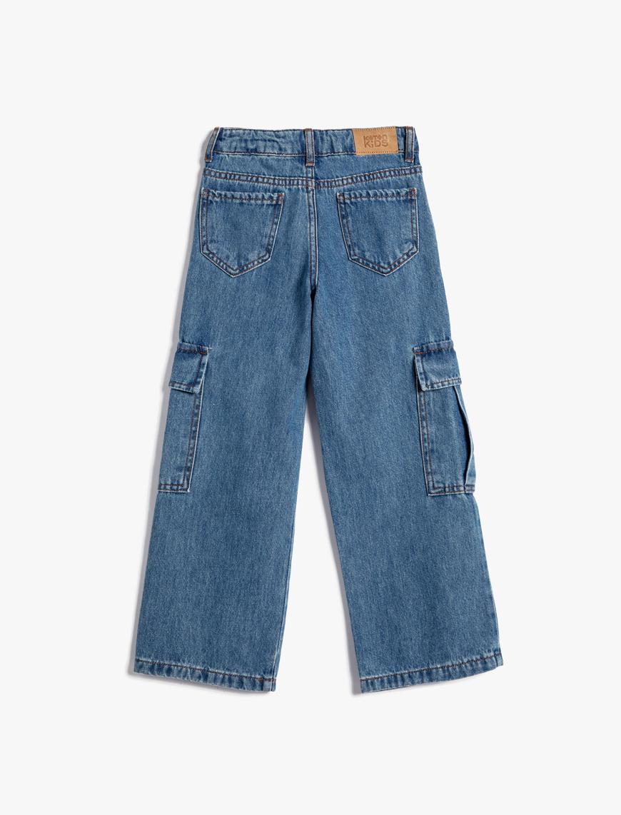  Kız Çocuk Kargo Kot Pantolon Bol Paça Pamuklu Beli Lastikli Cepli - Cargo Jean