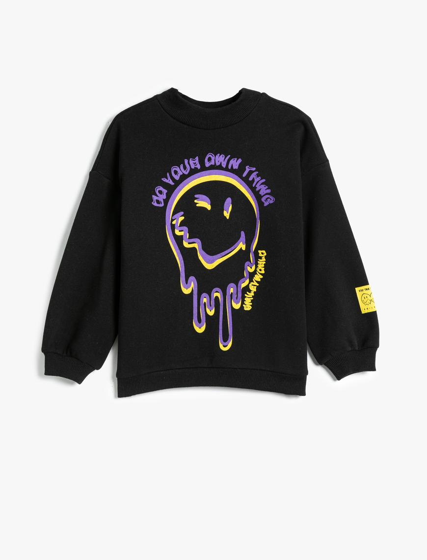  Kız Çocuk SmileyWorld® Sweatshirt Lisanslı Şardonlu Uzun Kollu Bisiklet Yaka