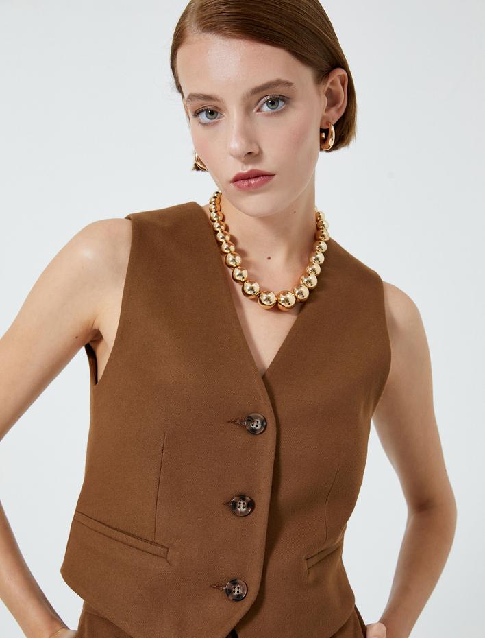  Crop Yelek Düğmeli V Yaka Cep Detaylı