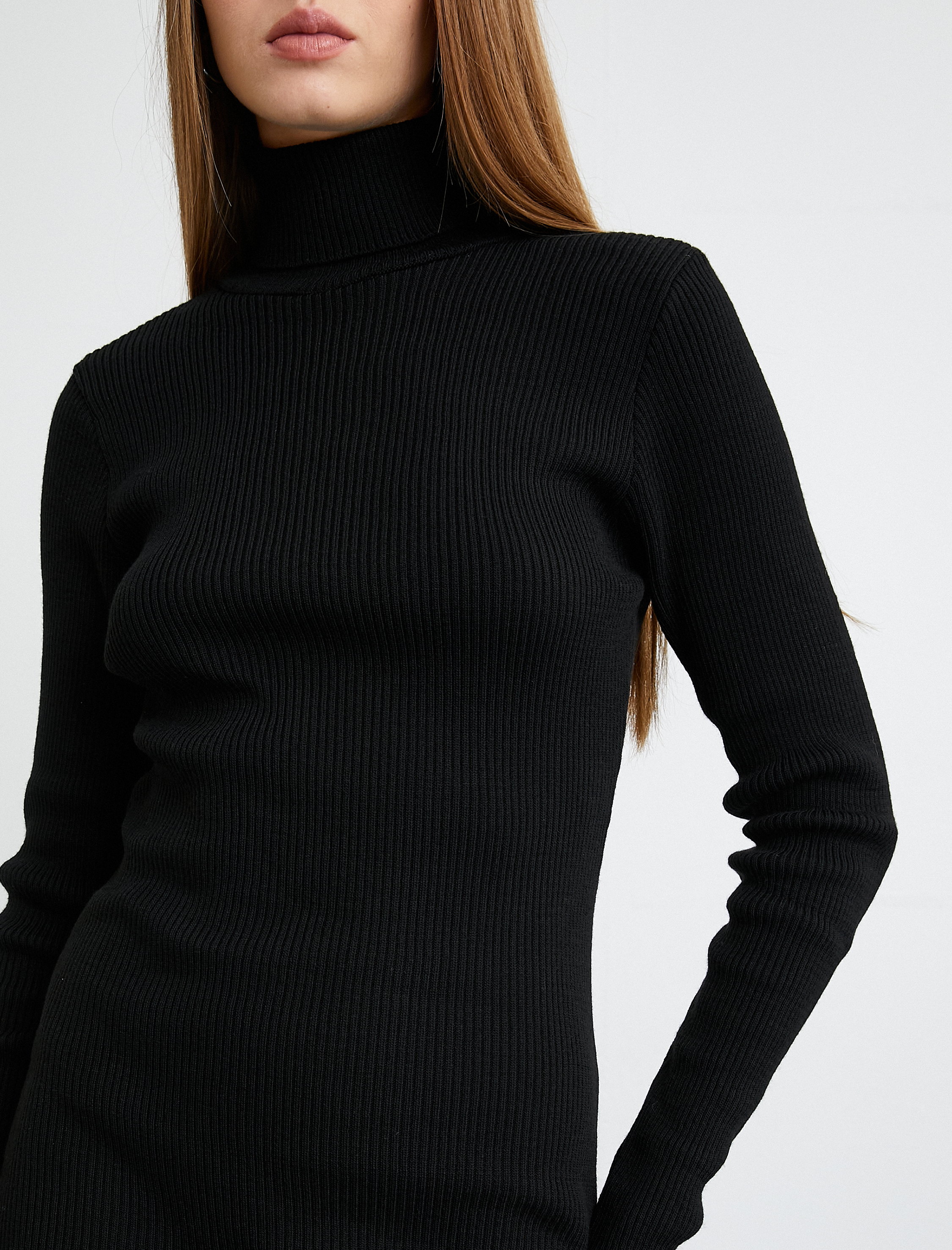   Triko Elbise Balıkçı Yaka Yırtmaçlı Fitilli Uzun Kollu