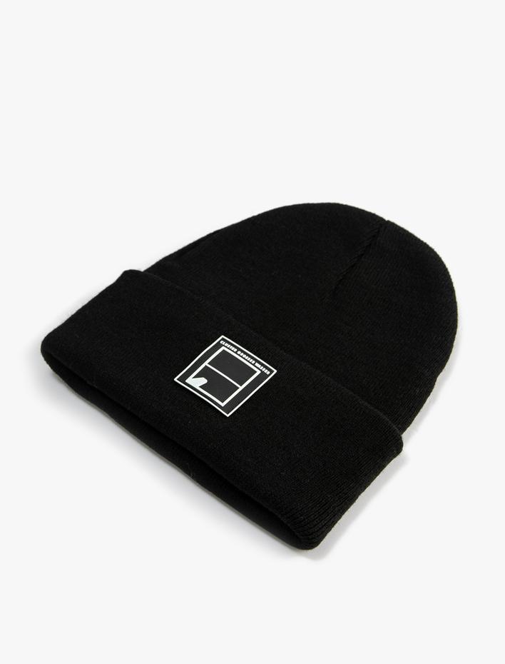 Erkek Örgü Bere Katlamalı Etiket İşlemeli