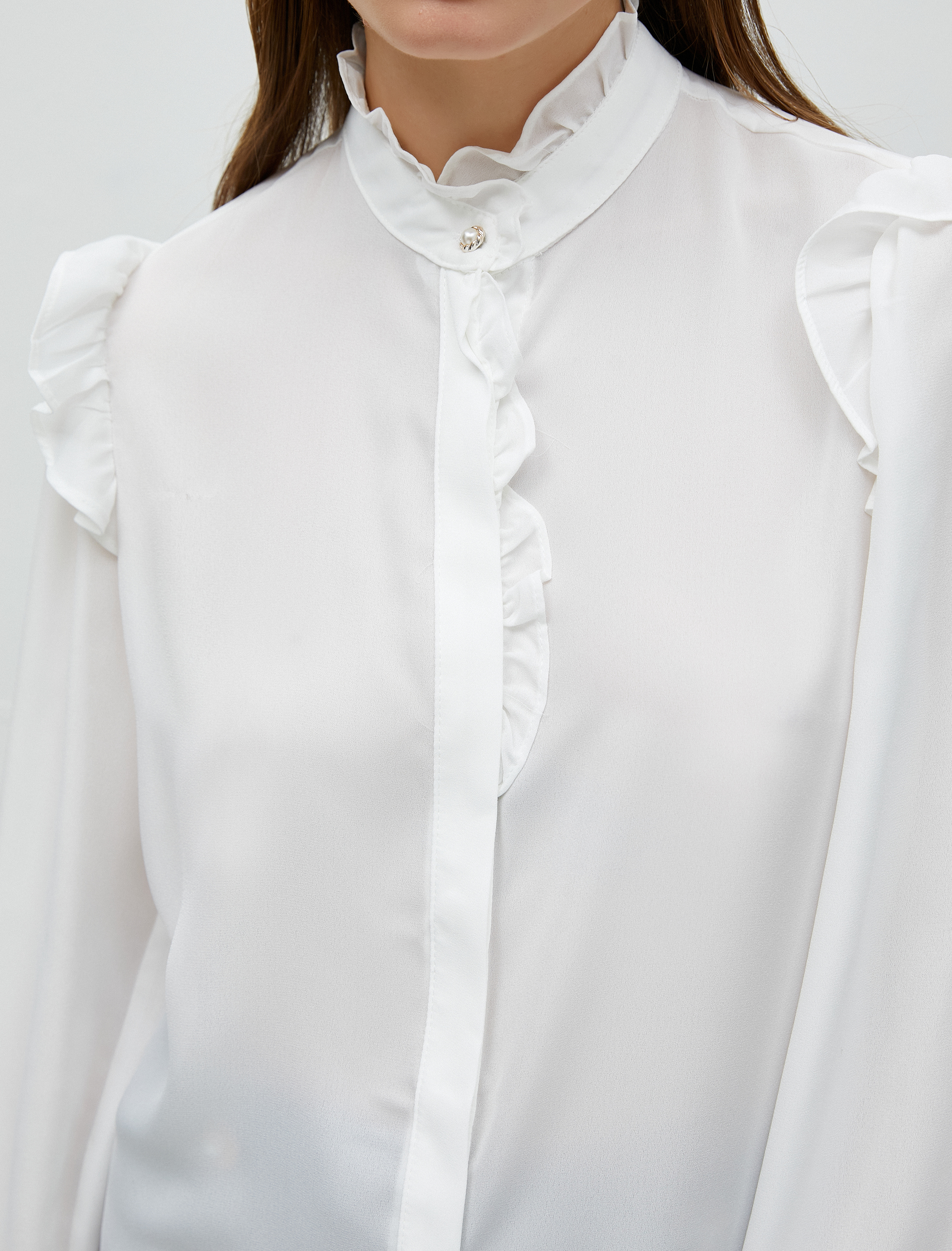   Fırfırlı Gömlek İnci Düğme Detaylı Uzun Kollu