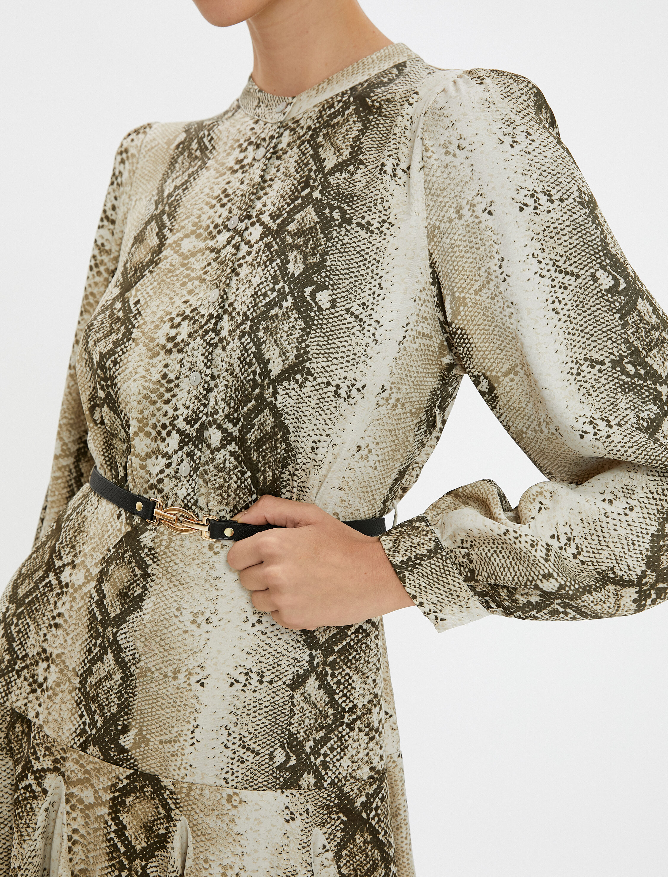 Mini Fırfırlı Elbise Uzun Kollu Kemer Detaylı Yılan Derisi Desenli