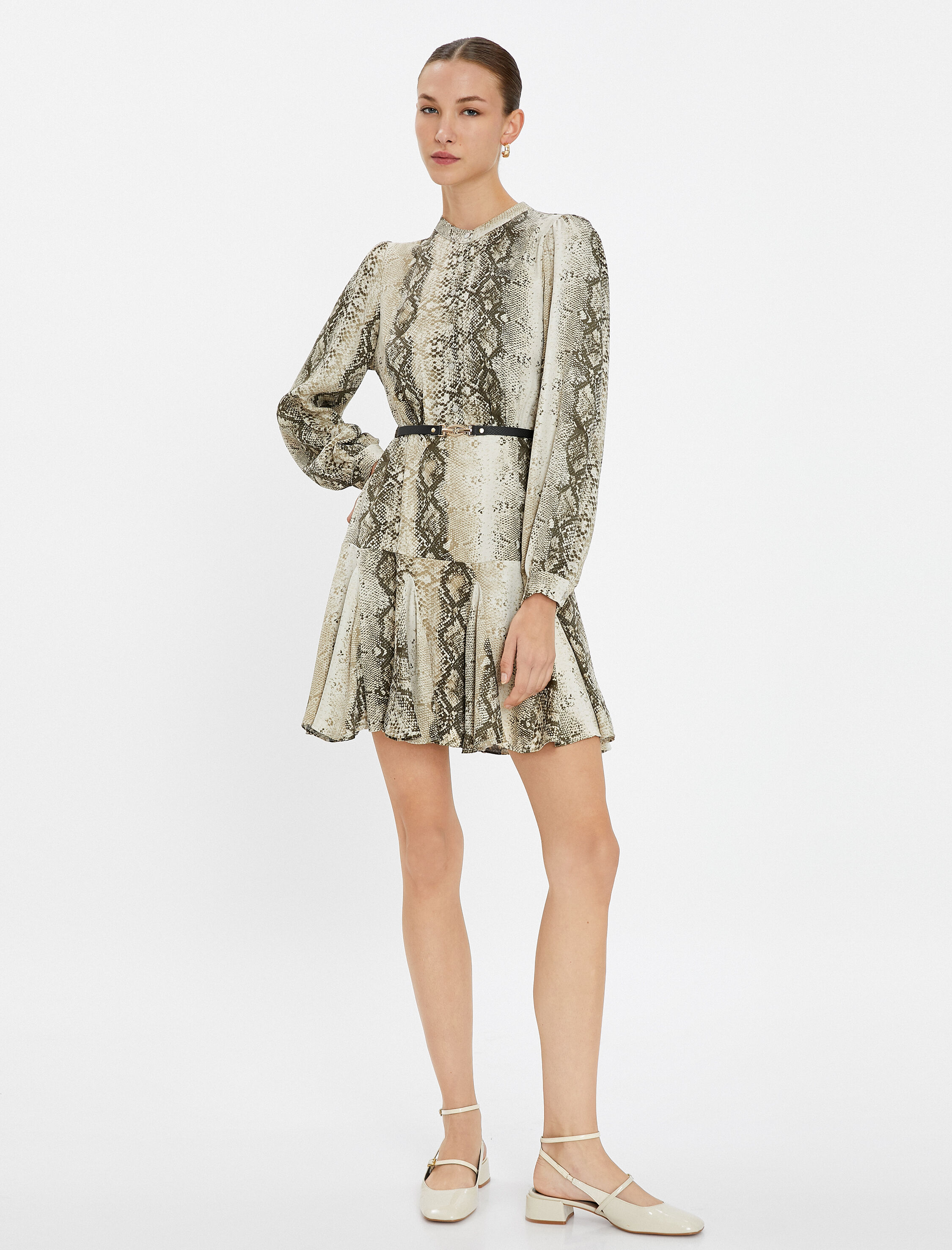 Mini Fırfırlı Elbise Uzun Kollu Kemer Detaylı Yılan Derisi Desenli