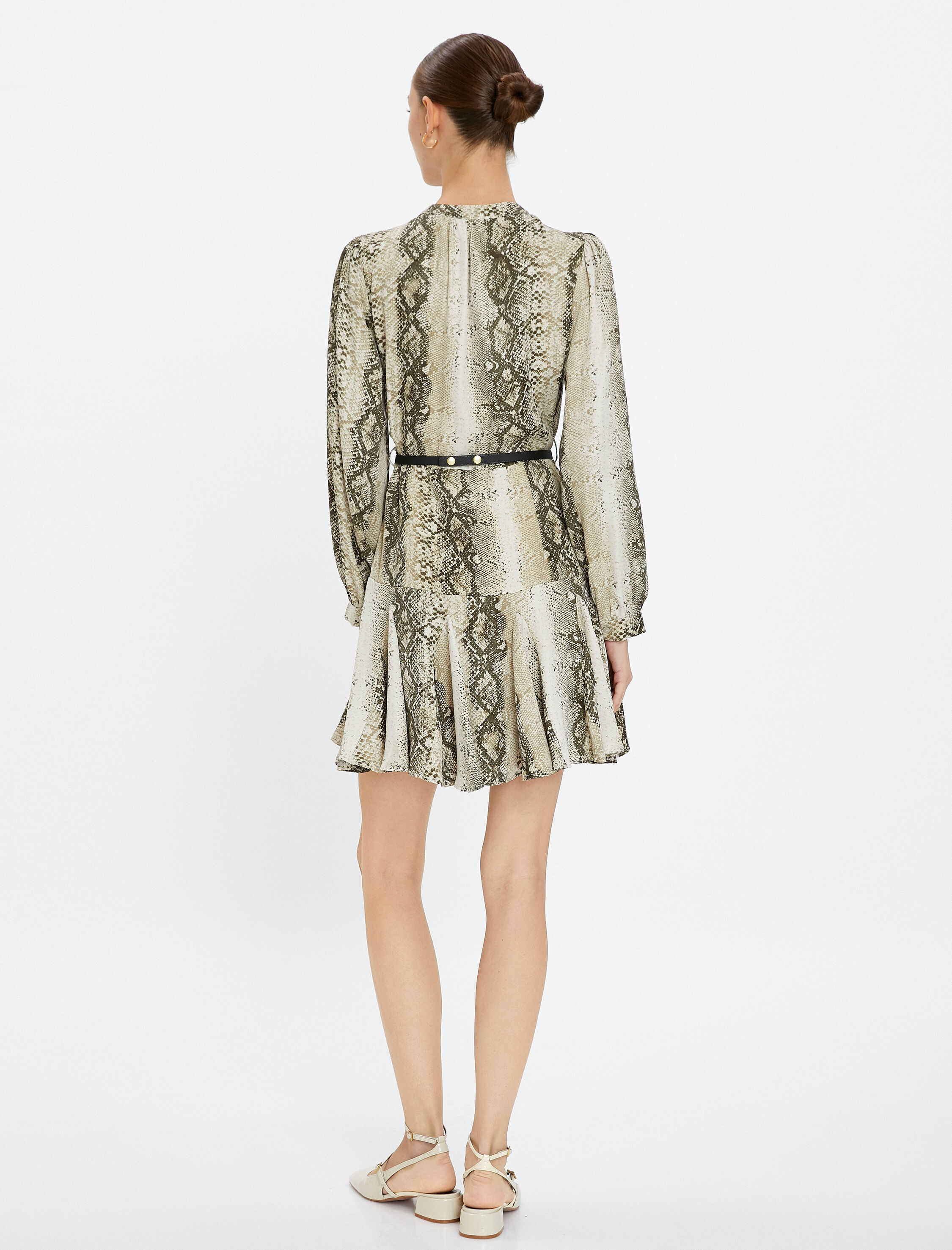 Mini Fırfırlı Elbise Uzun Kollu Kemer Detaylı Yılan Derisi Desenli