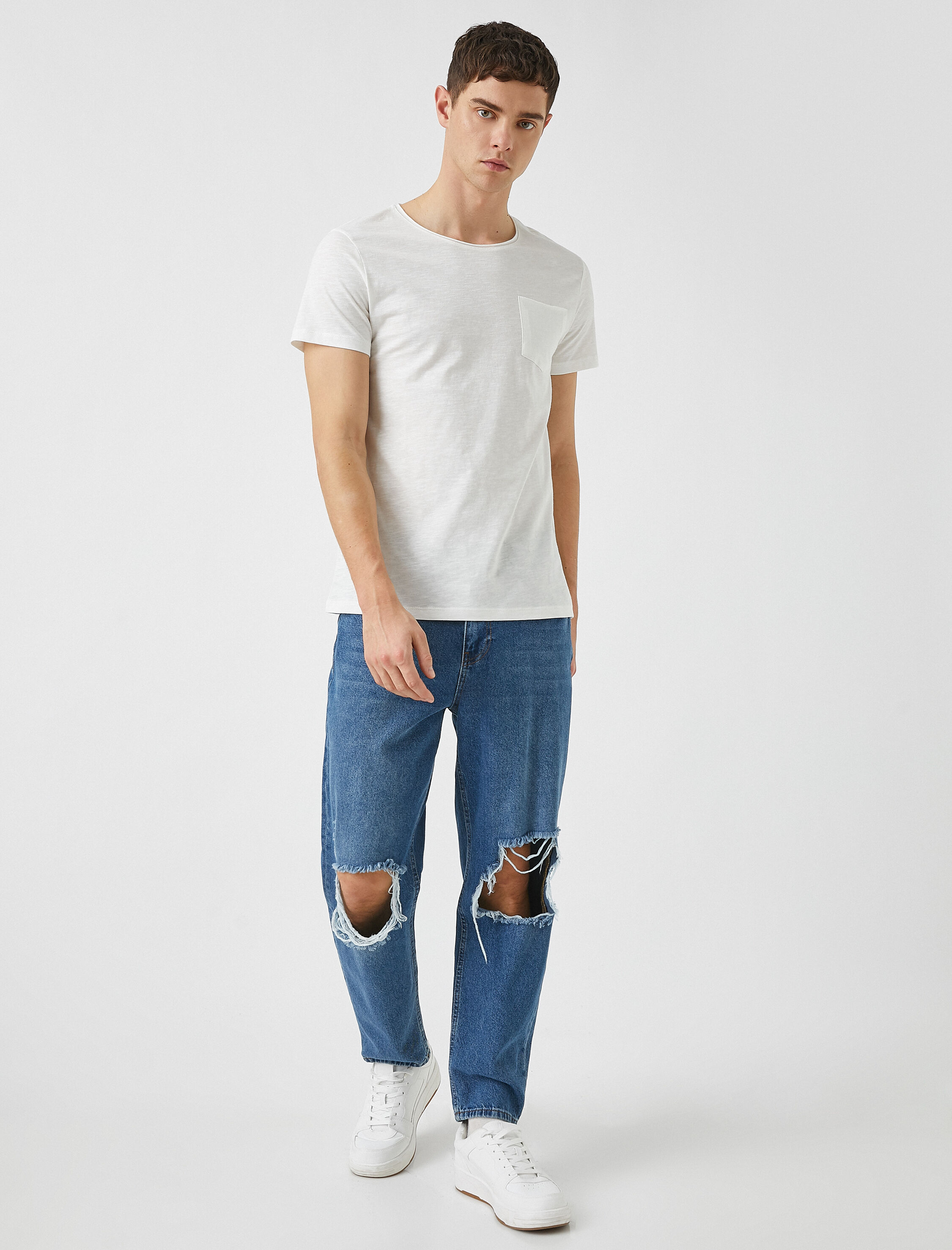 Basic Tişört Bisiklet Yaka Cep Detaylı Kısa Kollu