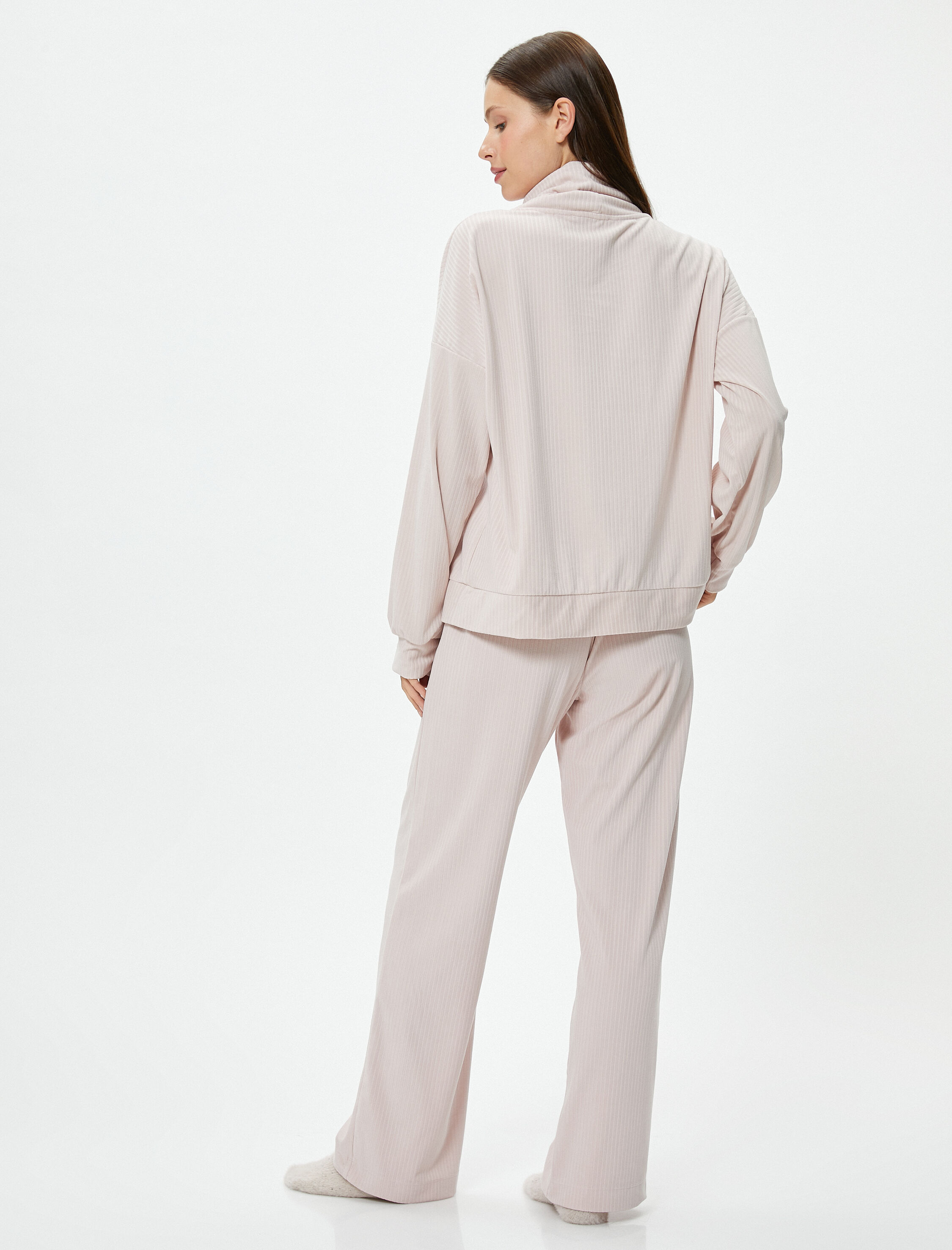   Boğazlı Bağlamalı Pijama Üst Kaşkorse Yumuşak Dokulu Uzun Kollu