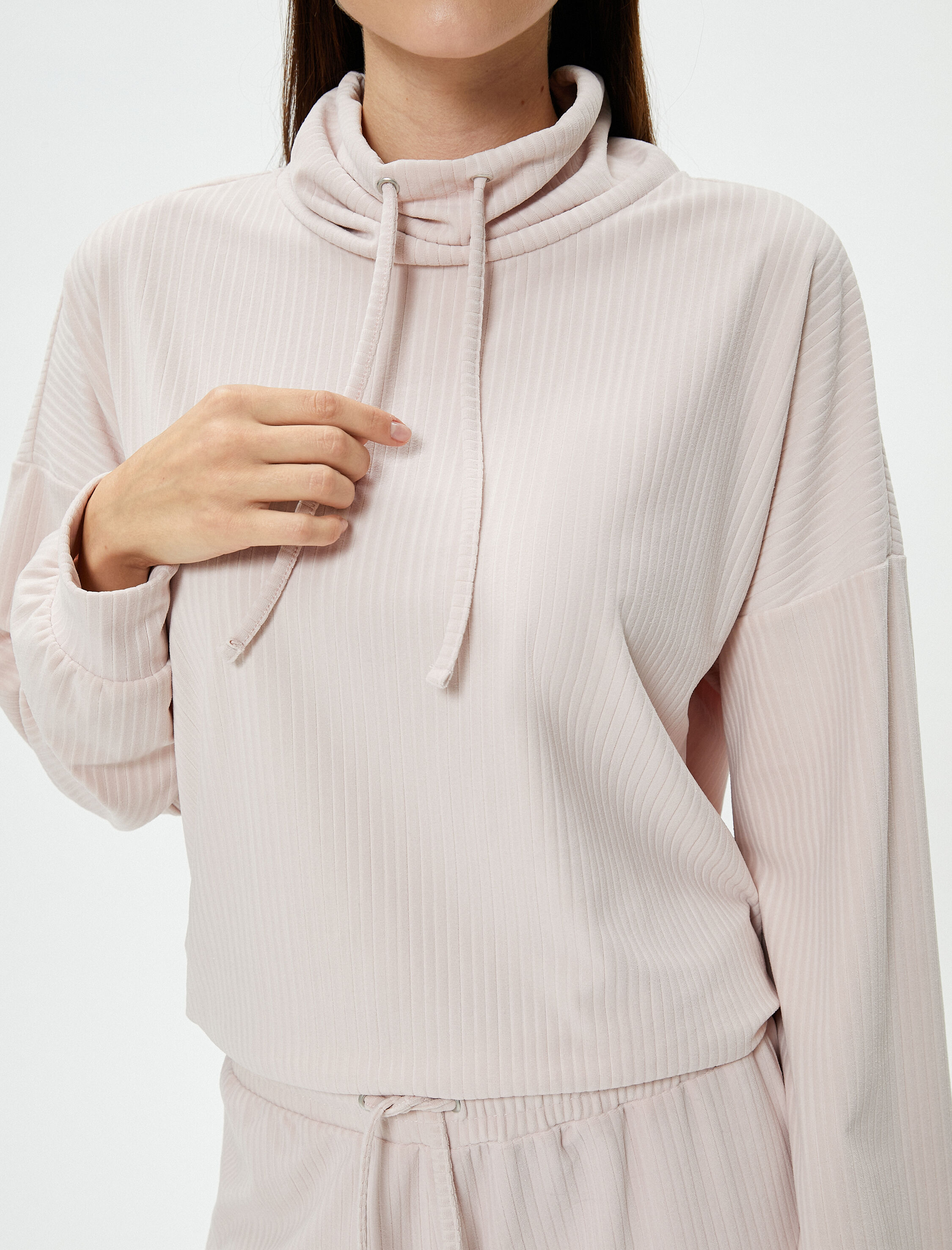   Boğazlı Bağlamalı Pijama Üst Kaşkorse Yumuşak Dokulu Uzun Kollu