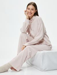 Boğazlı Bağlamalı Pijama Üst Kaşkorse Yumuşak Dokulu Uzun Kollu
