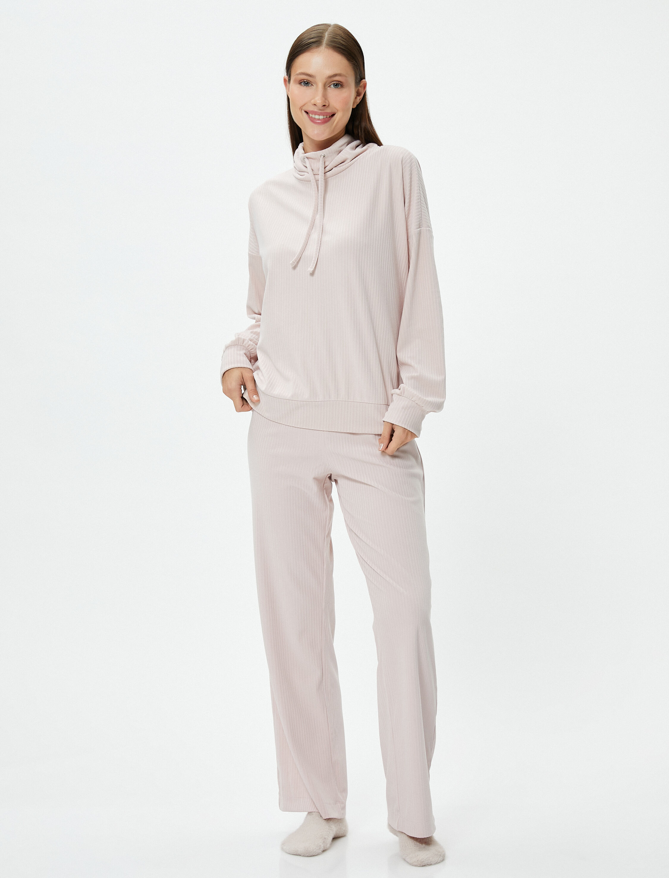   Boğazlı Bağlamalı Pijama Üst Kaşkorse Yumuşak Dokulu Uzun Kollu