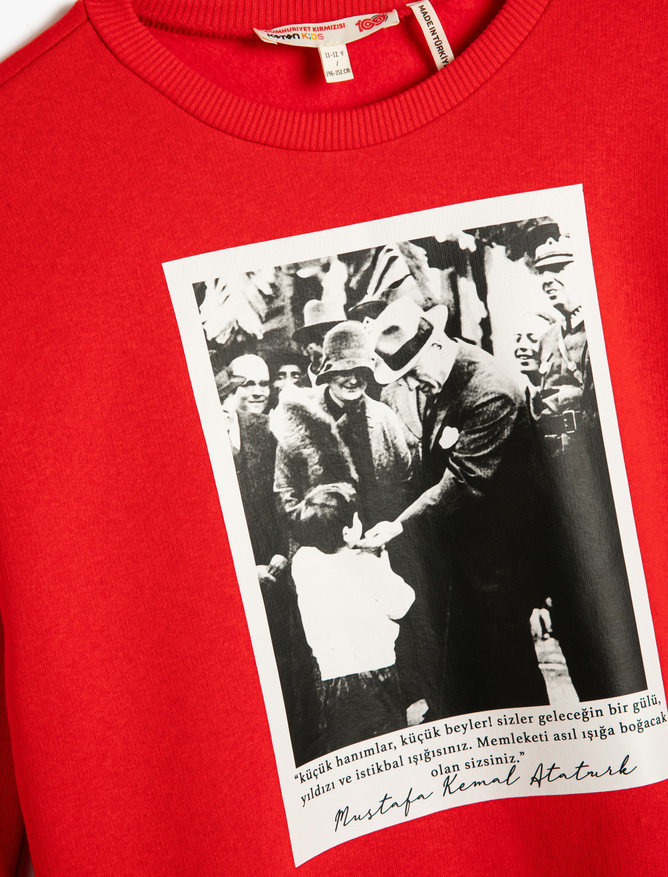  Kız Çocuk Atatürk Baskılı Sweatshirt Uzun Kollu Bisiklet Yaka Şardonlu