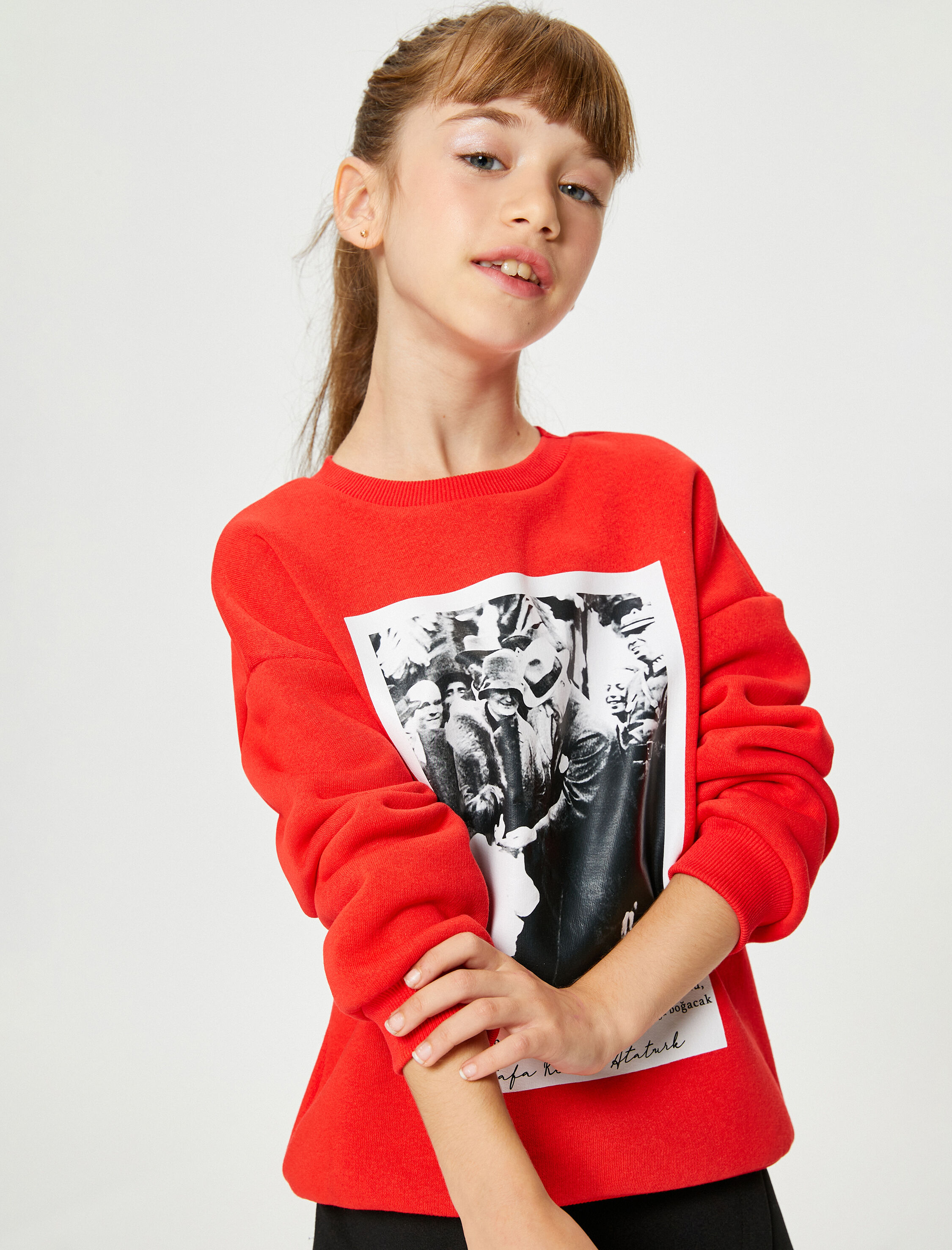  Kız Çocuk Atatürk Baskılı Sweatshirt Uzun Kollu Bisiklet Yaka Şardonlu
