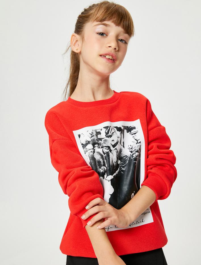 Kız Çocuk Atatürk Baskılı Sweatshirt Uzun Kollu Bisiklet Yaka Şardonlu