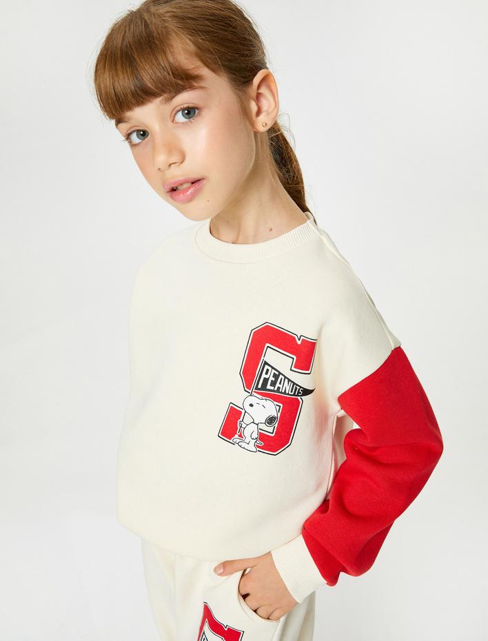 Kız Çocuk Snoopy Sweatshirt Lisanslı Bisiklet Yaka Uzun Kollu Renk Bloklu Şardonlu