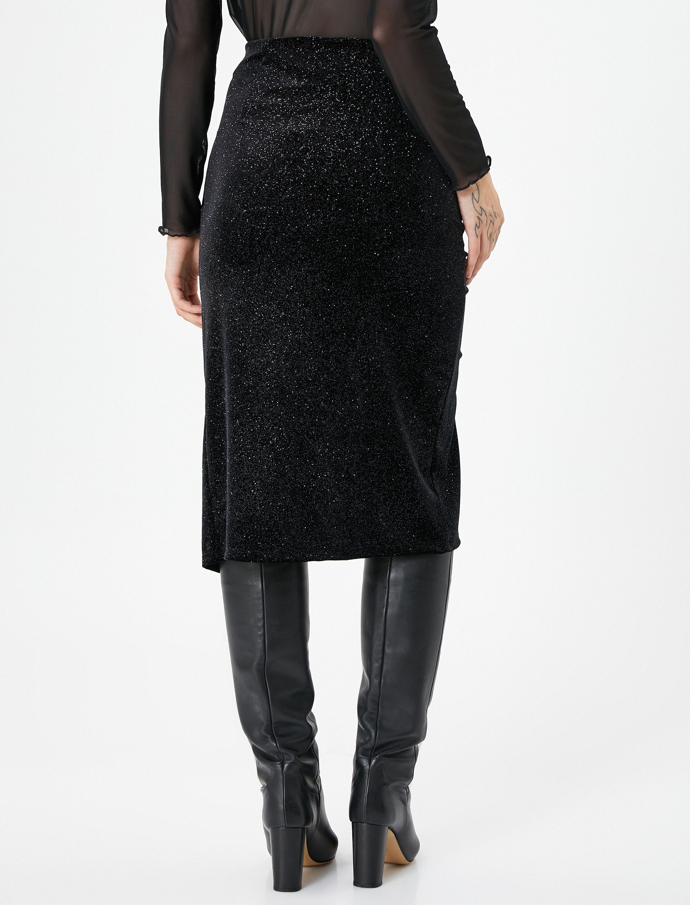   Kadife Midi Etek Drapeli Önden Yırtmaçlı Simli