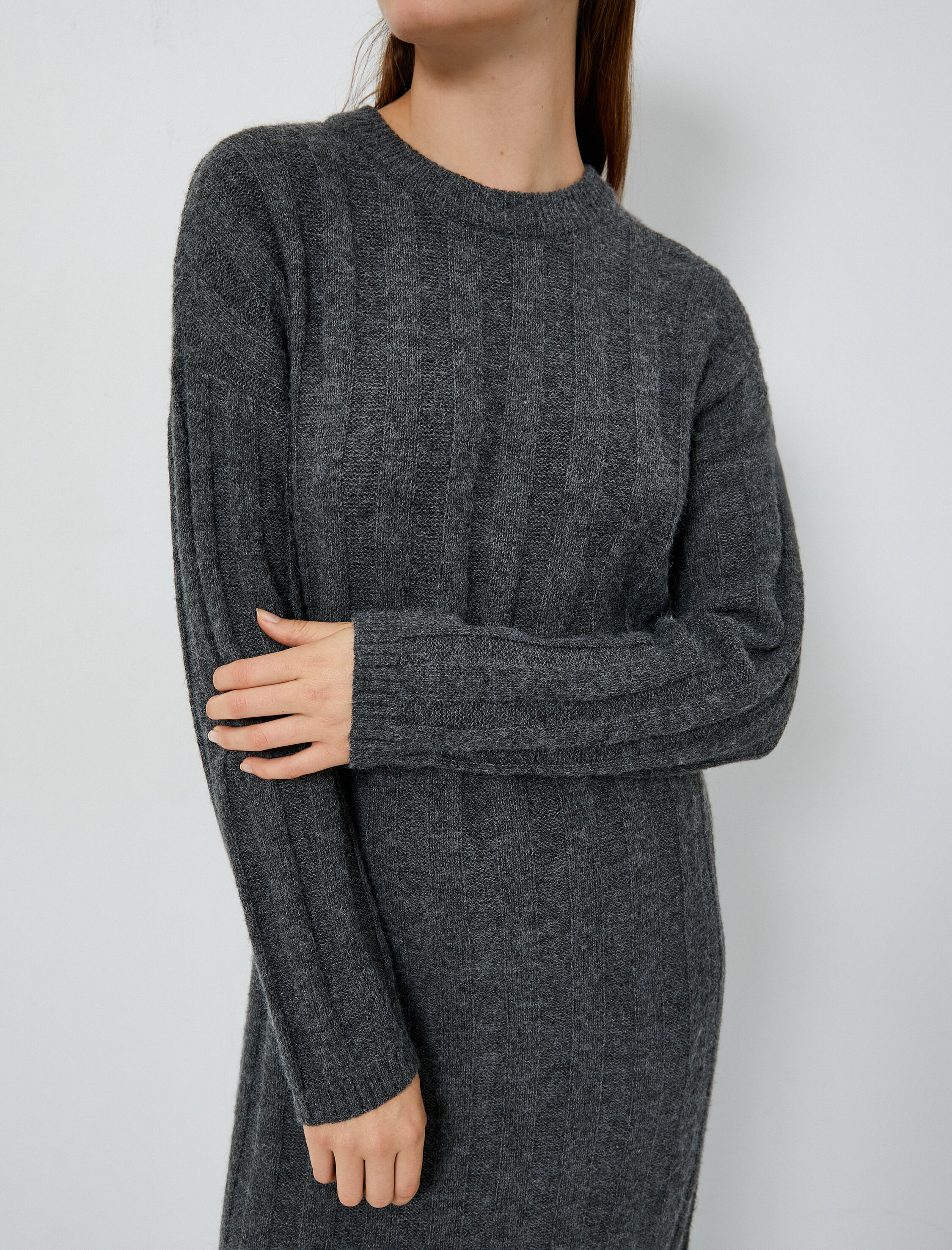   Triko Elbise Midi Bisiklet Yaka Uzun Kollu Dokulu