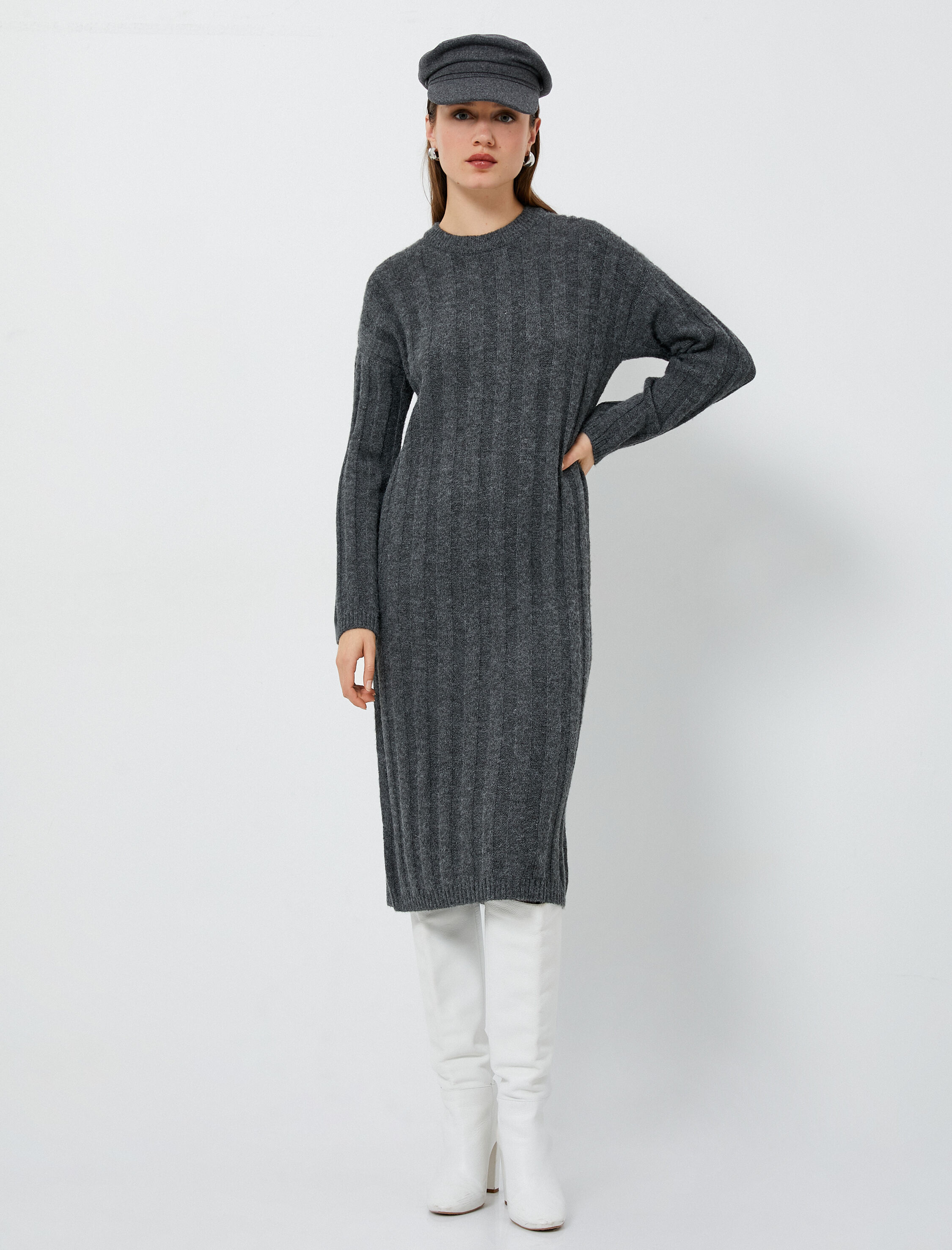   Triko Elbise Midi Bisiklet Yaka Uzun Kollu Dokulu