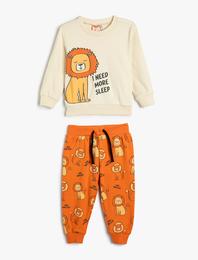 Pijama Takımı Aslan Baskılı Uzun Kollu Bisiklet Yaka Pamuklu