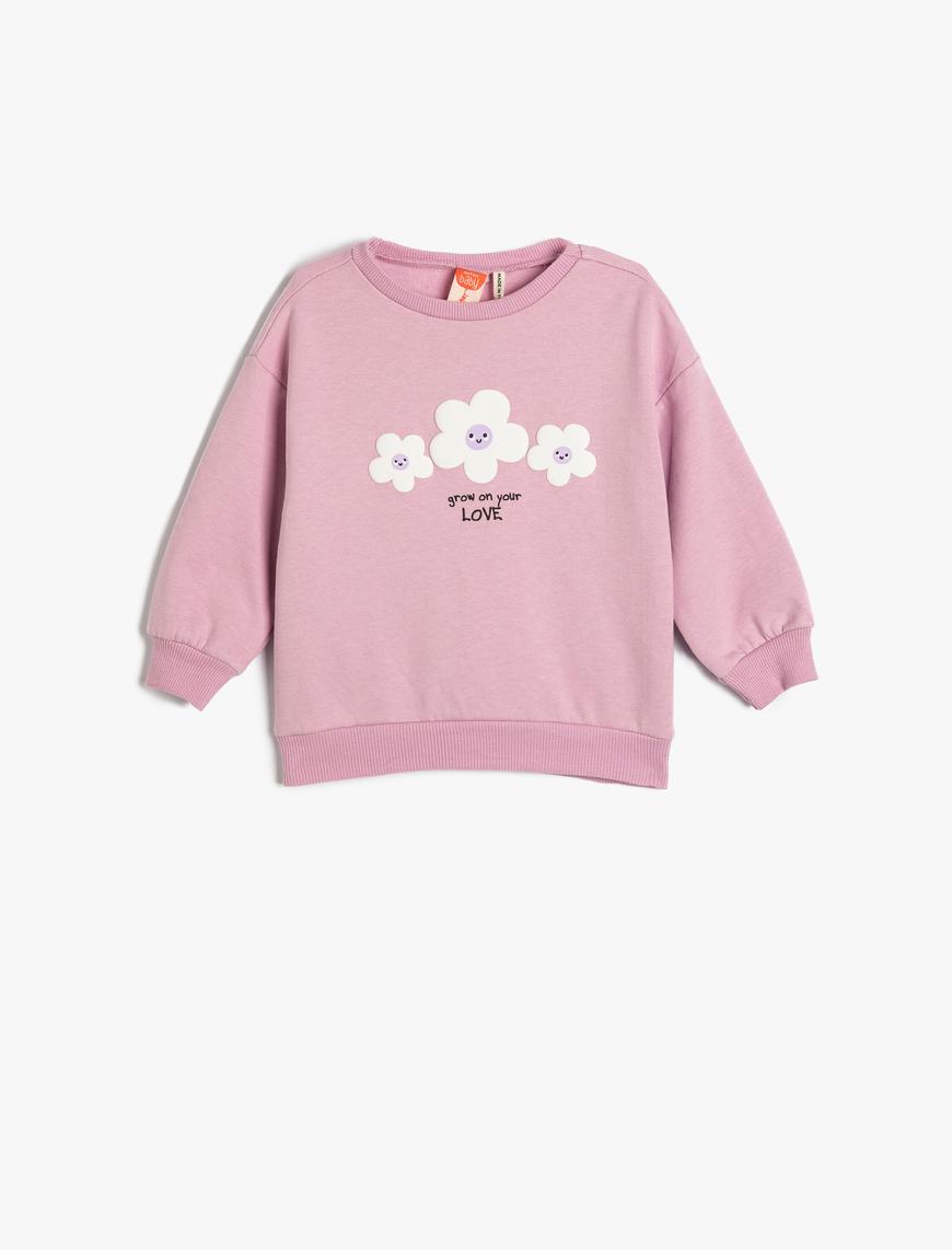  Kız Bebek Sweatshirt Uzun Kollu Bisiklet Yaka Çiçek Baskılı Şardonlu Pamuklu