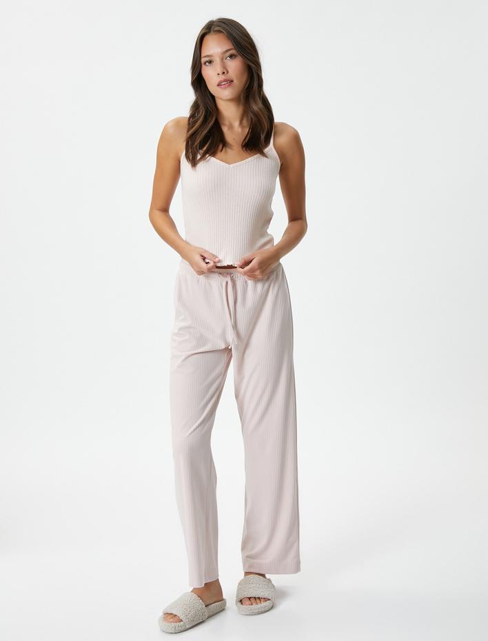  İnce Askılı Pijama Üstü Fitilli V Yaka Slim Fit