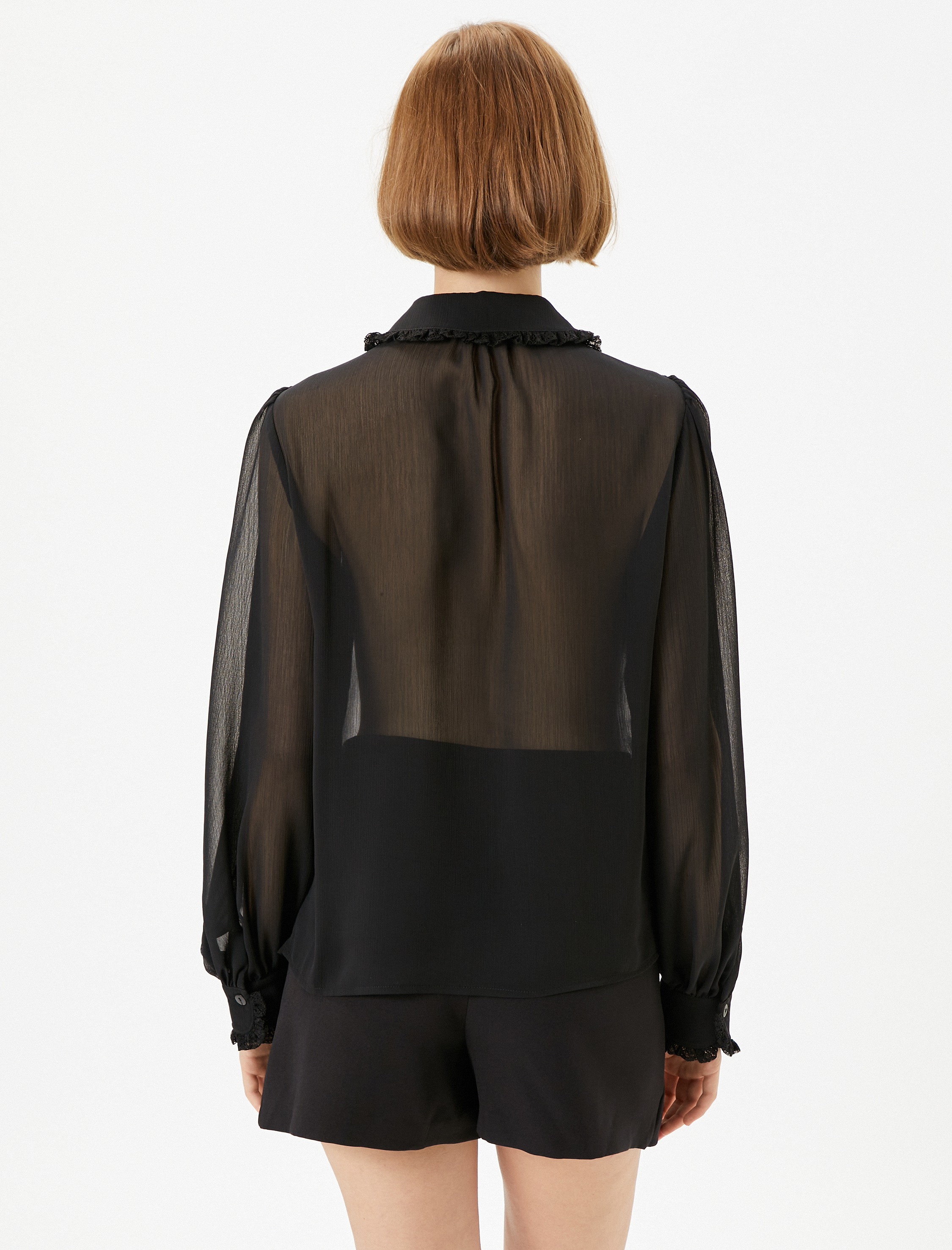 Şifon Gömlek Transparan Dantel Detaylı Balon Kollu Düğmeli