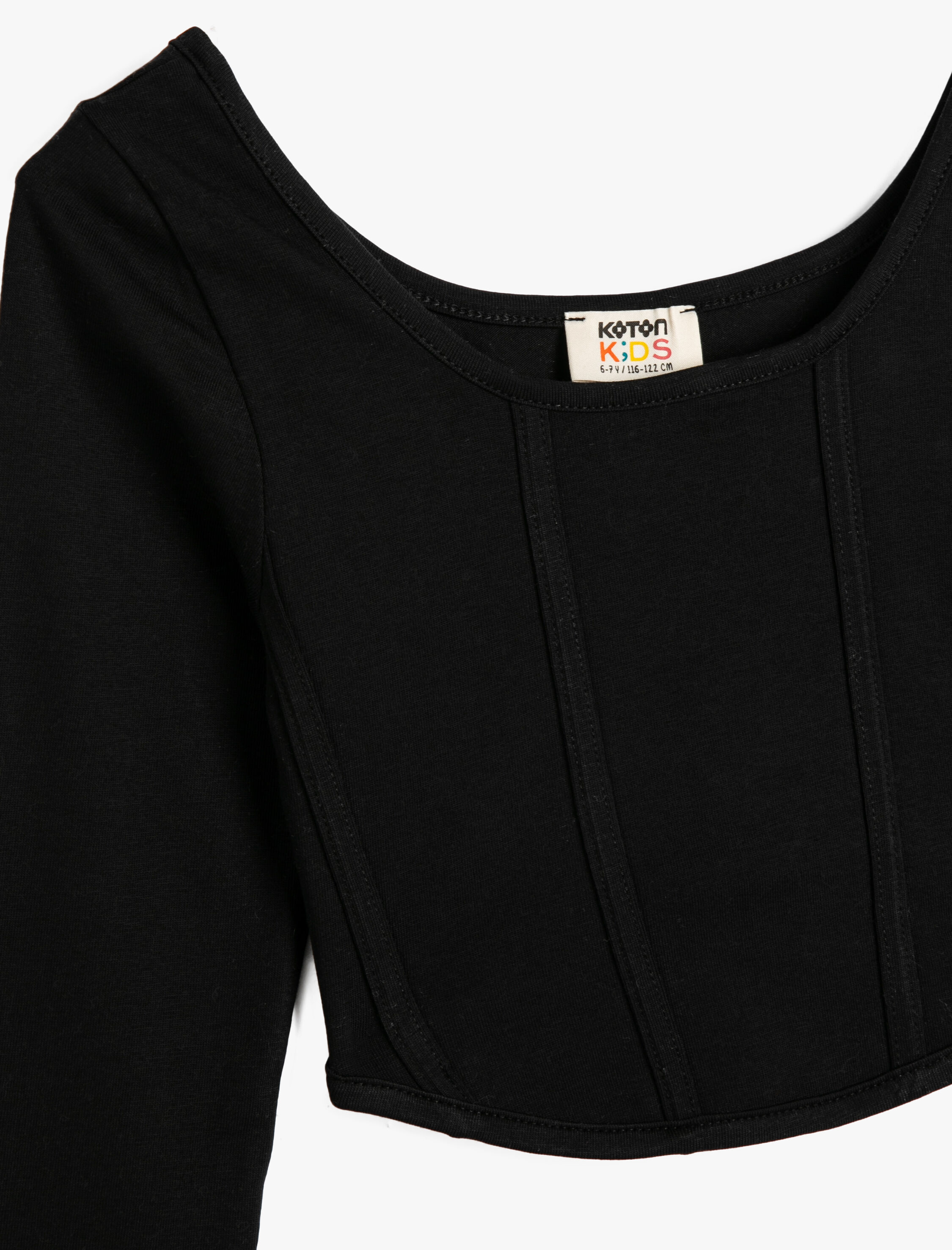  Kız Çocuk Crop Tişört Uzun Kollu Yuvarlak Yaka Dikiş Detaylı Pamuklu