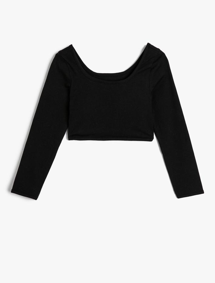 Kız Çocuk Crop Tişört Uzun Kollu Yuvarlak Yaka Dikiş Detaylı Pamuklu