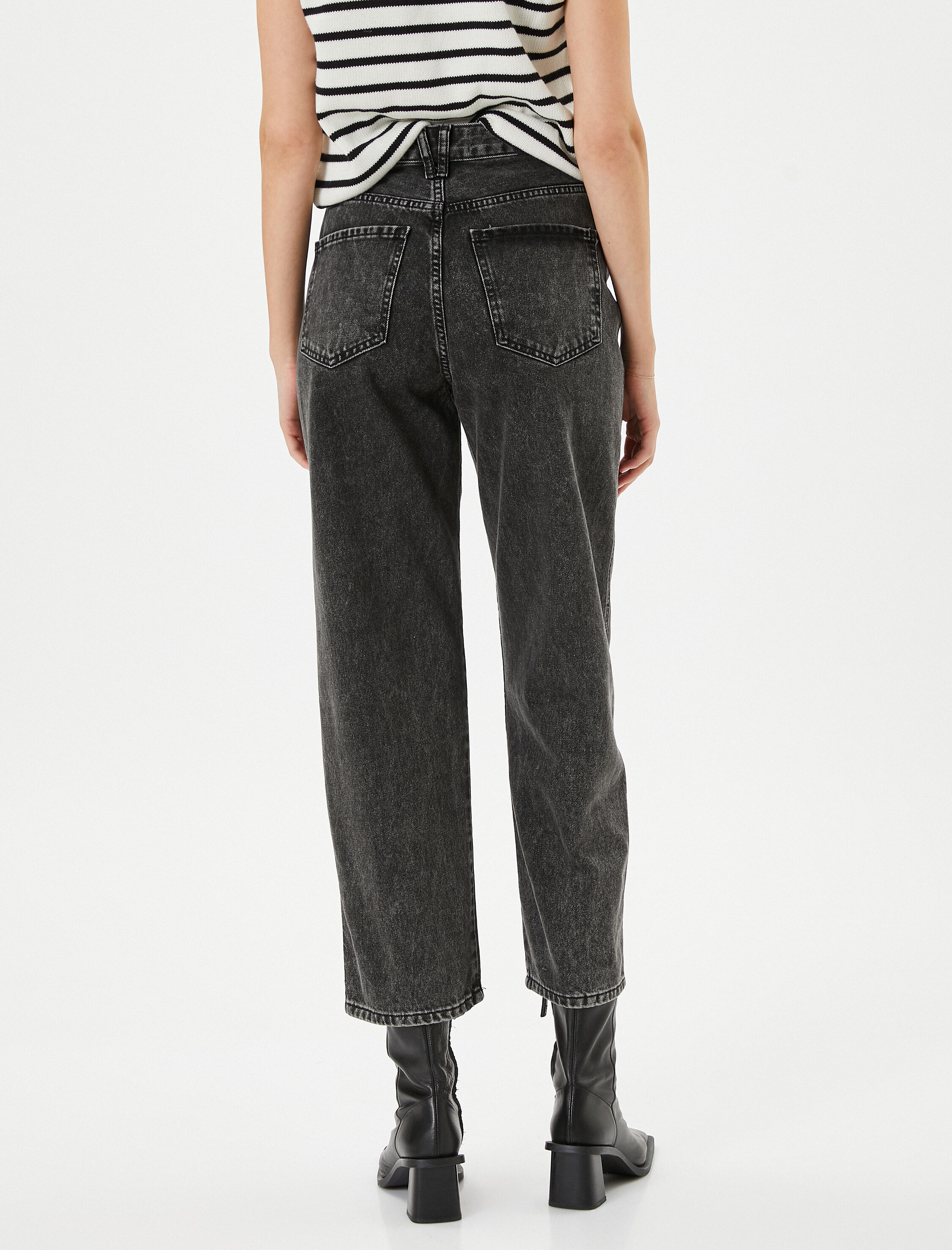   Straight Jean Kot Pantolon Düz Paça Yüksek Bel Pamuklu Cepli  - Eve Jean