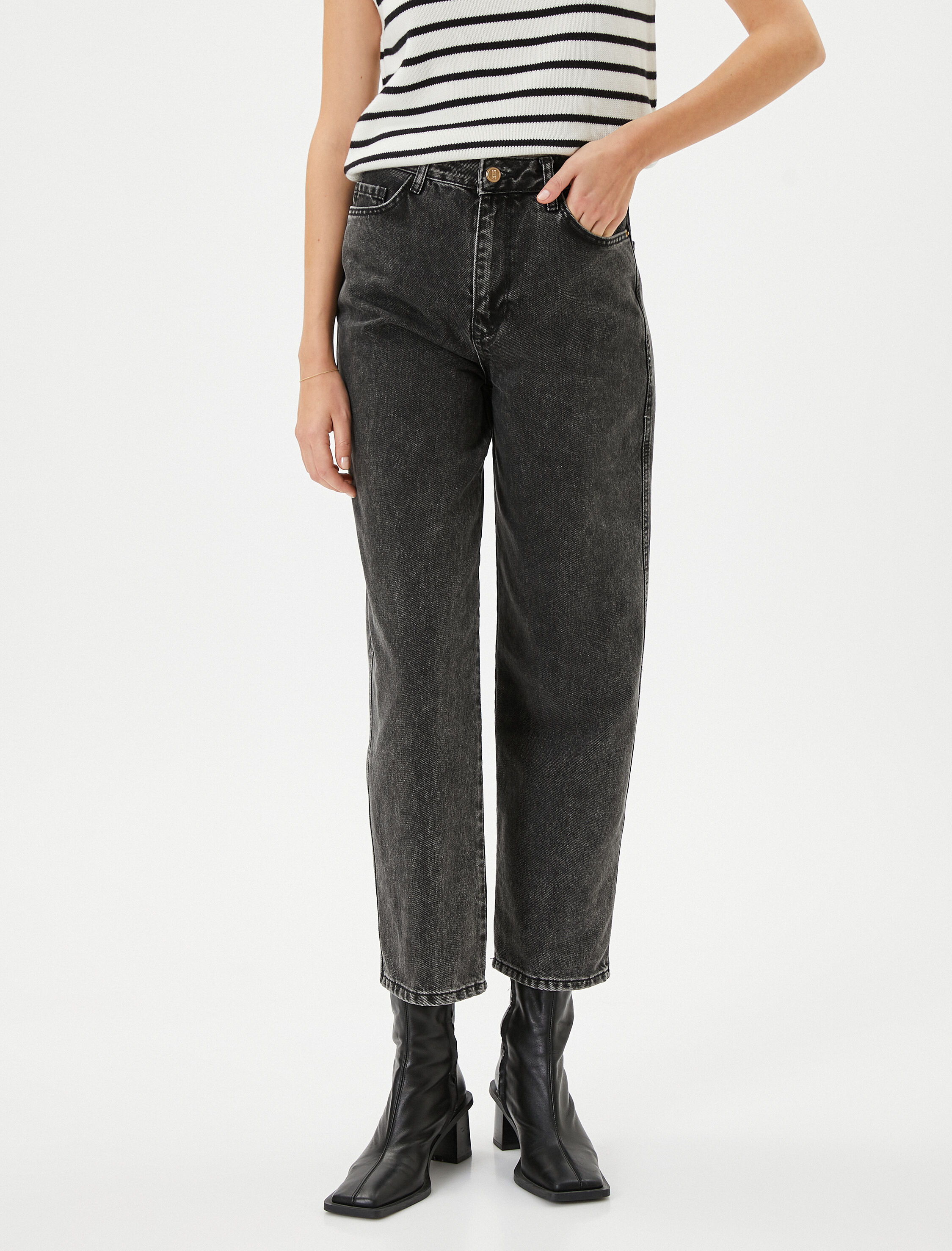   Straight Jean Kot Pantolon Düz Paça Yüksek Bel Pamuklu Cepli  - Eve Jean