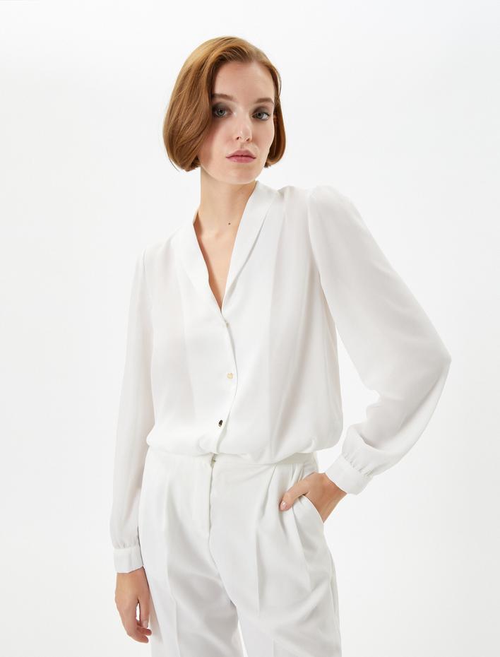  Balon Kollu Gömlek V Yaka Düğmeli