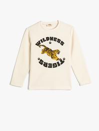 Tişört Uzun Kollu Bisiklet Yaka Kaplan Baskılı Dokulu