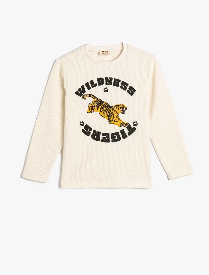 Erkek Çocuk Tişört Uzun Kollu Bisiklet Yaka Kaplan Baskılı Dokulu