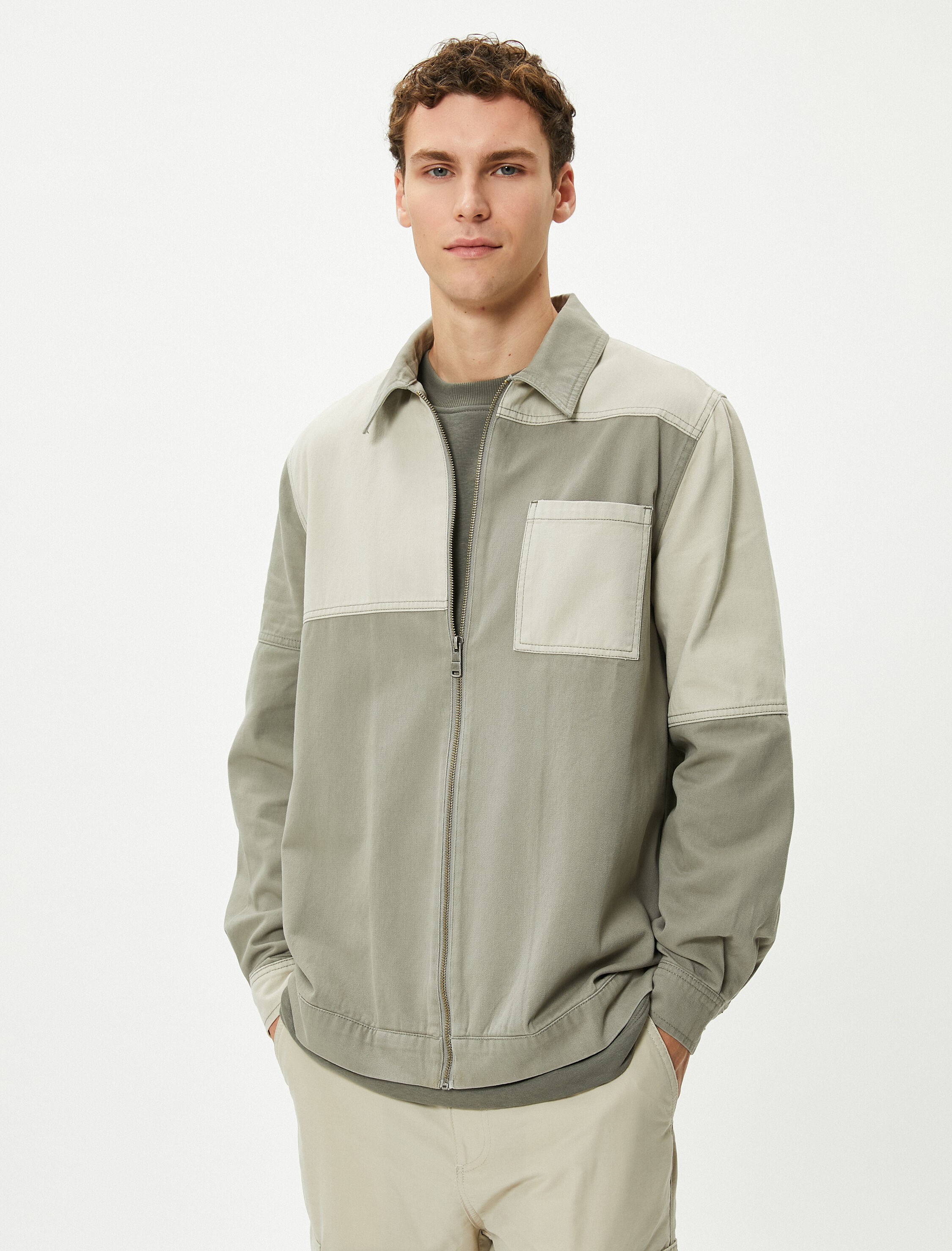   Mevsimlik Ceket Renk Bloklu Cep Detaylı Fermuarlı