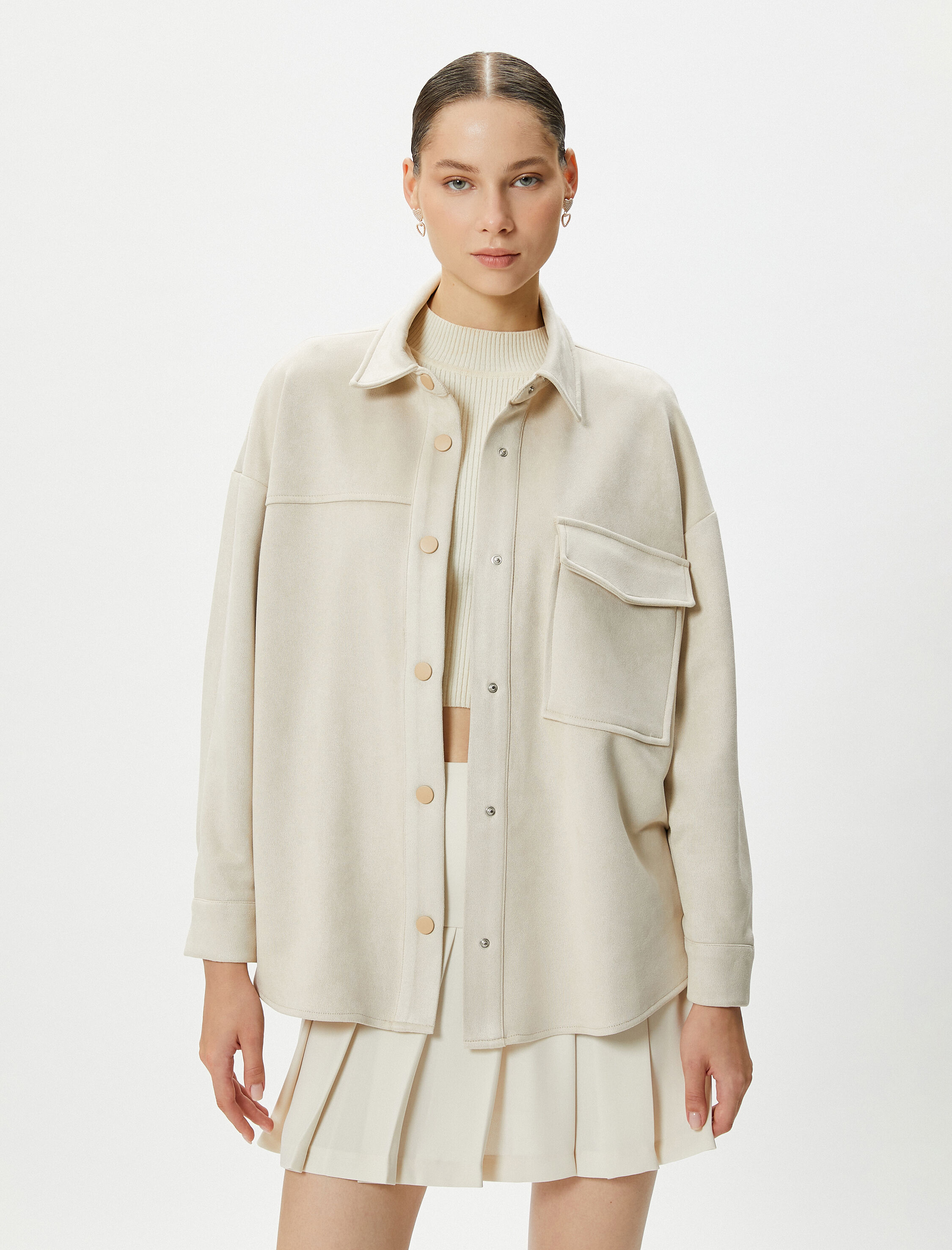   Oversize Gömlek Süet Görünümlü Kapaklı Cepli Düğmeli