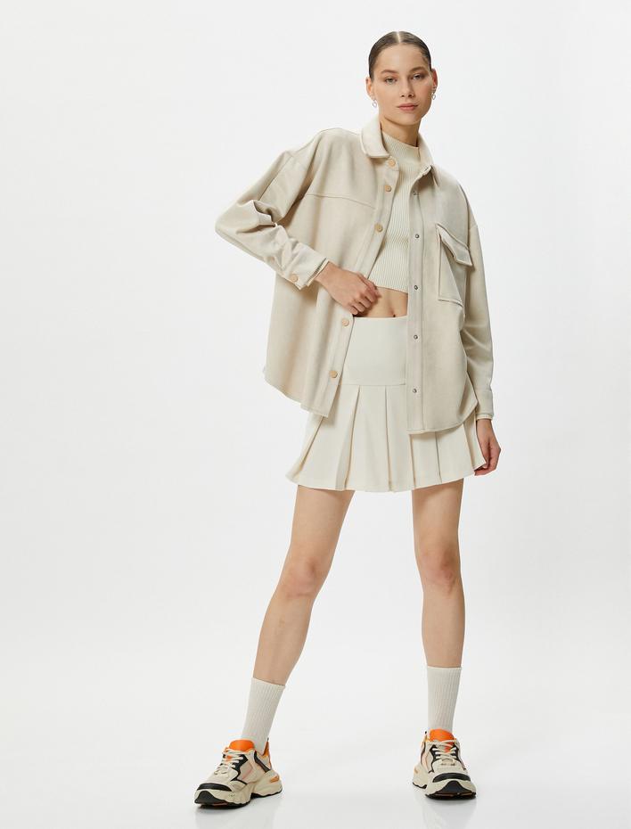  Oversize Gömlek Süet Görünümlü Kapaklı Cepli Düğmeli