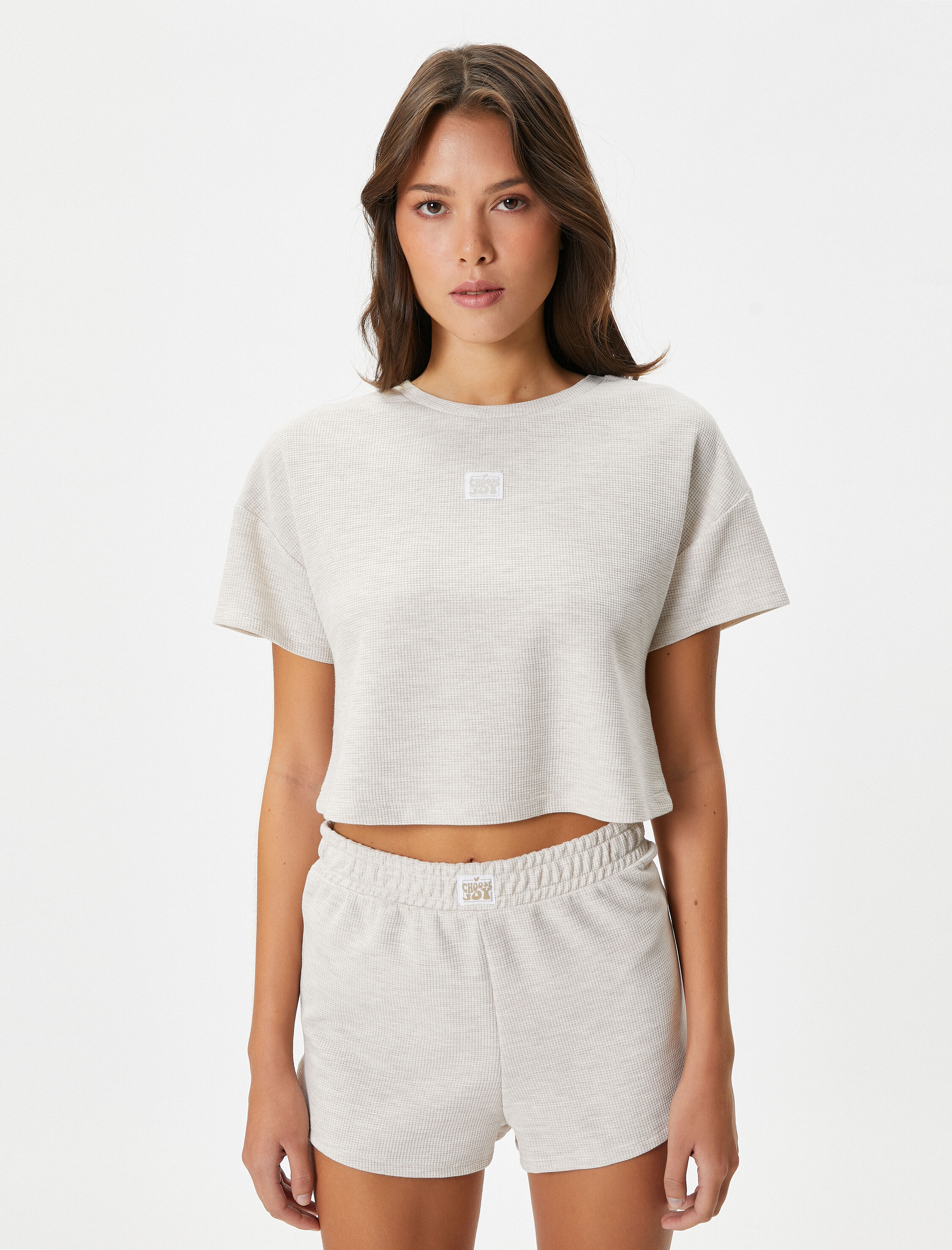   Crop Pijama Üst Dokulu Kısa Kollu Bisiklet Yaka