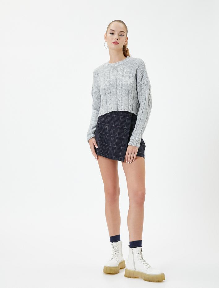  Crop Saç Örgü Kazak Uzun Kollu Bisiklet Yaka