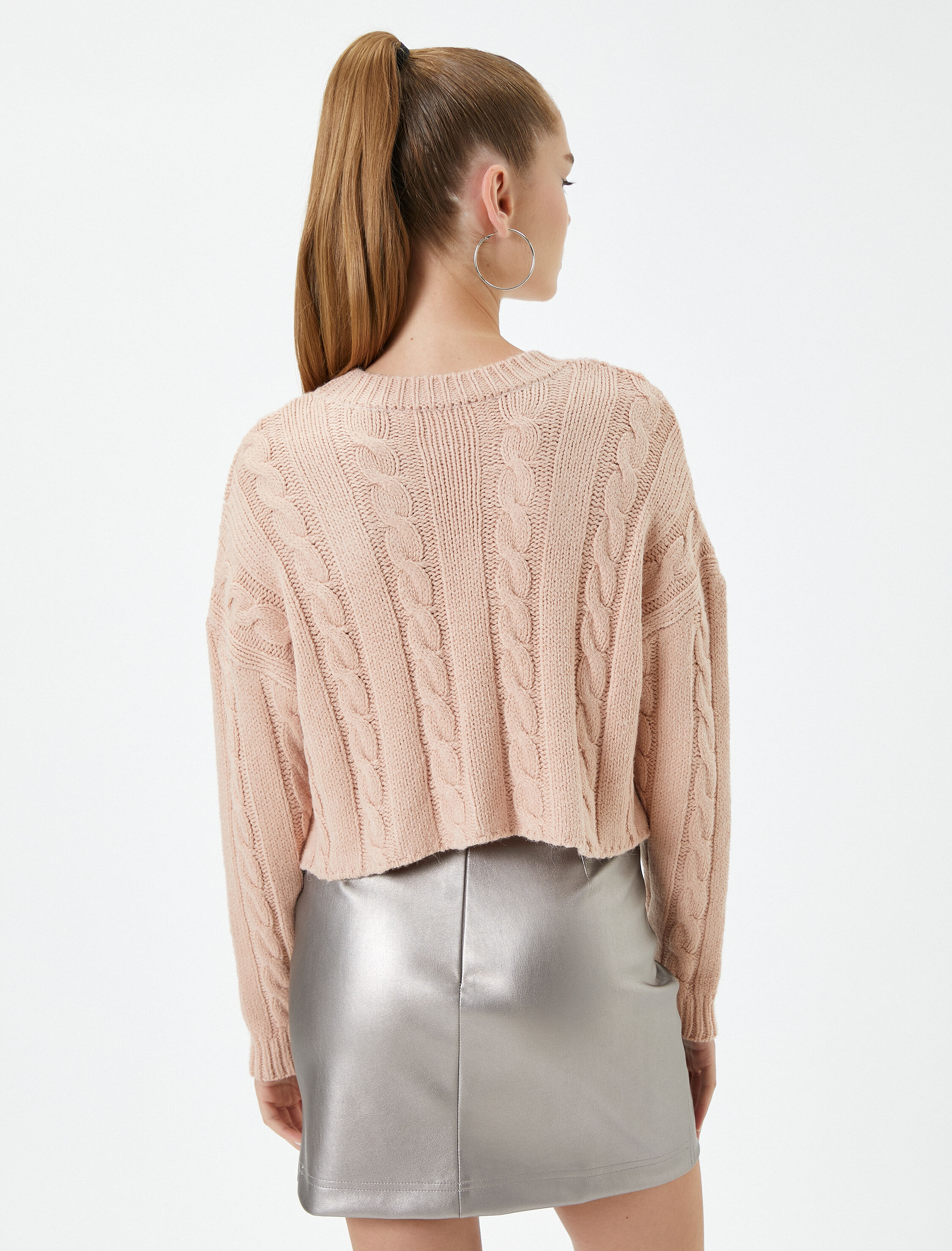 Crop Saç Örgü Kazak Uzun Kollu Bisiklet Yaka