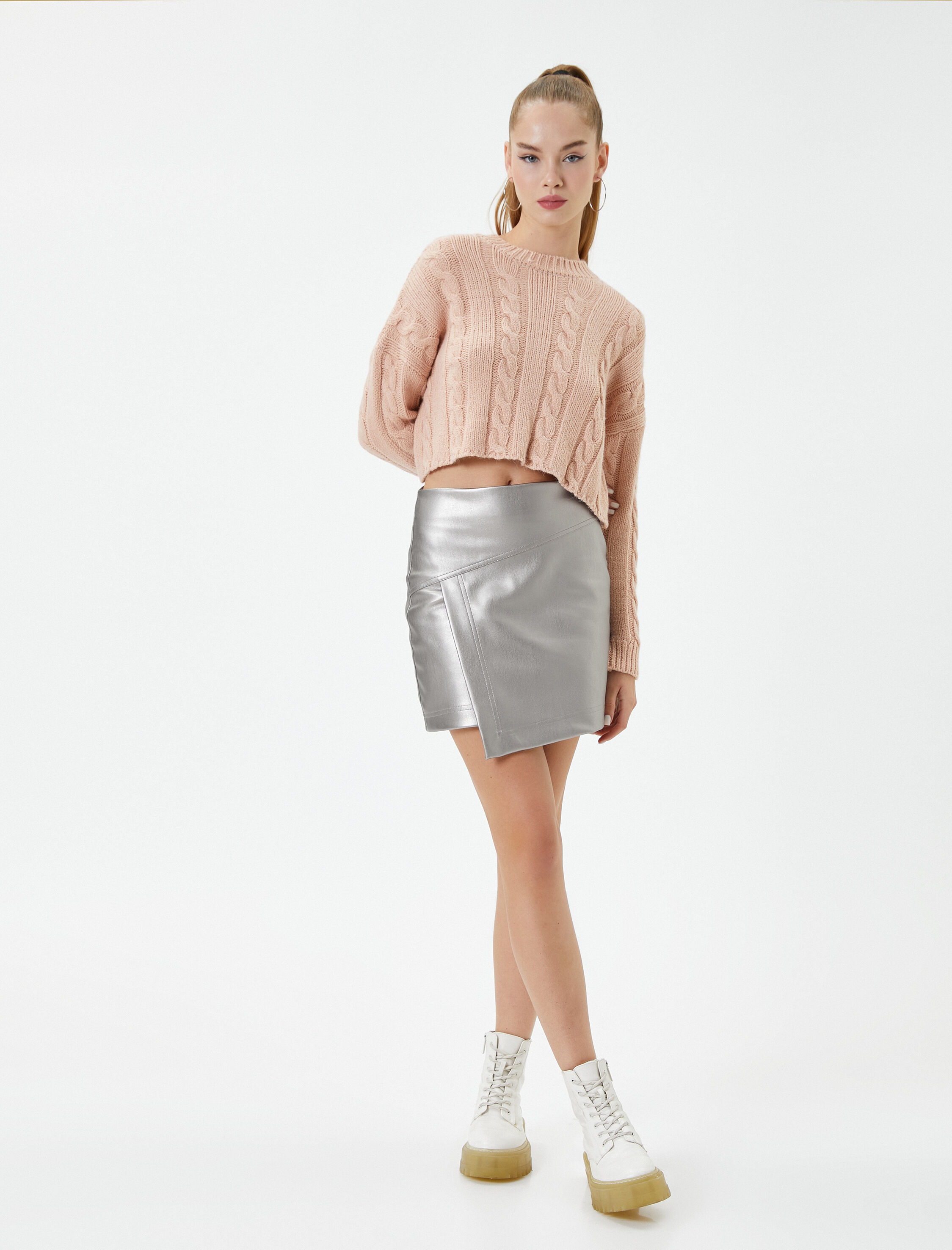 Crop Saç Örgü Kazak Uzun Kollu Bisiklet Yaka