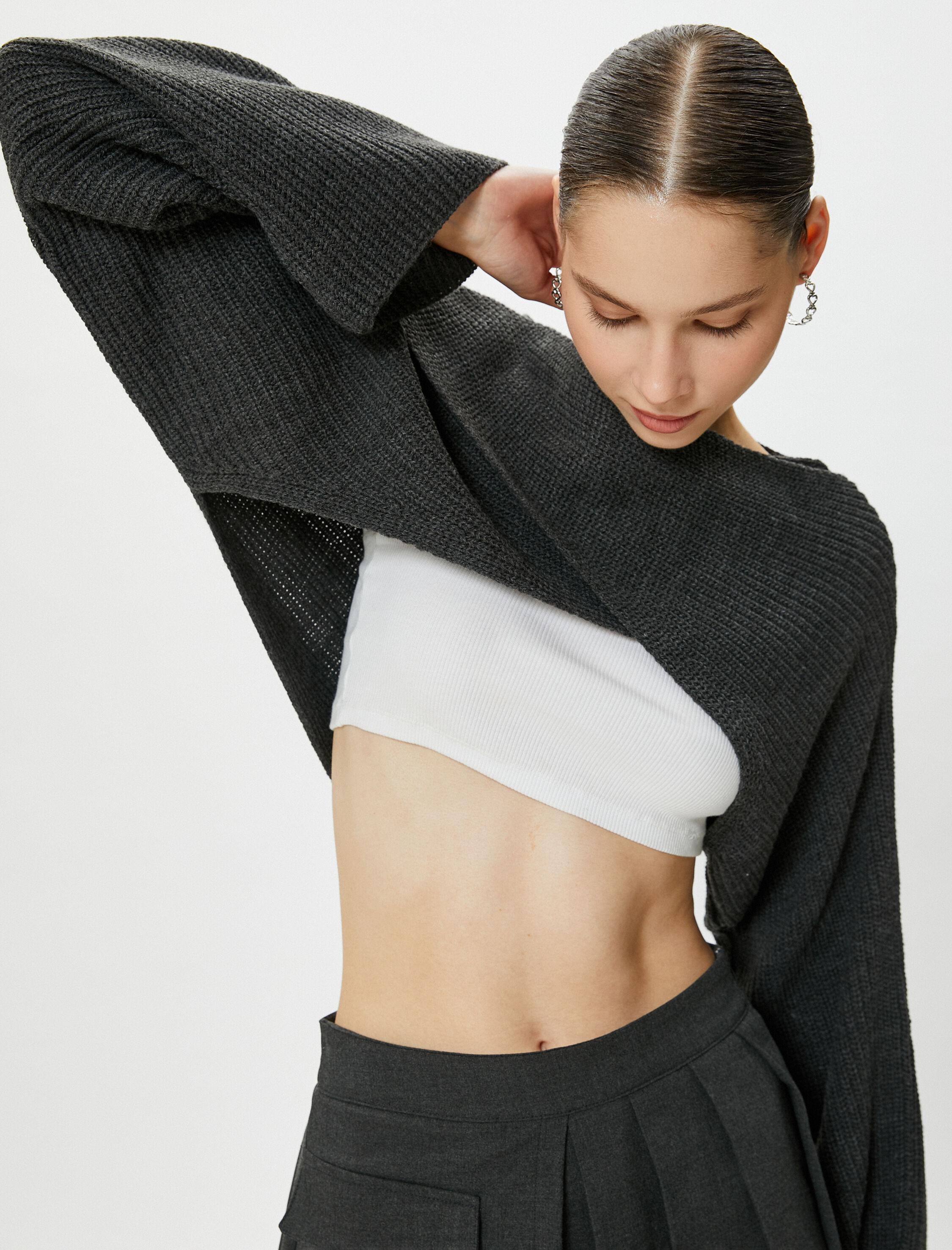   Crop Kruvaze Triko Kazak Asimetrik Kesim Uzun Geniş Kollu Kayık Yaka